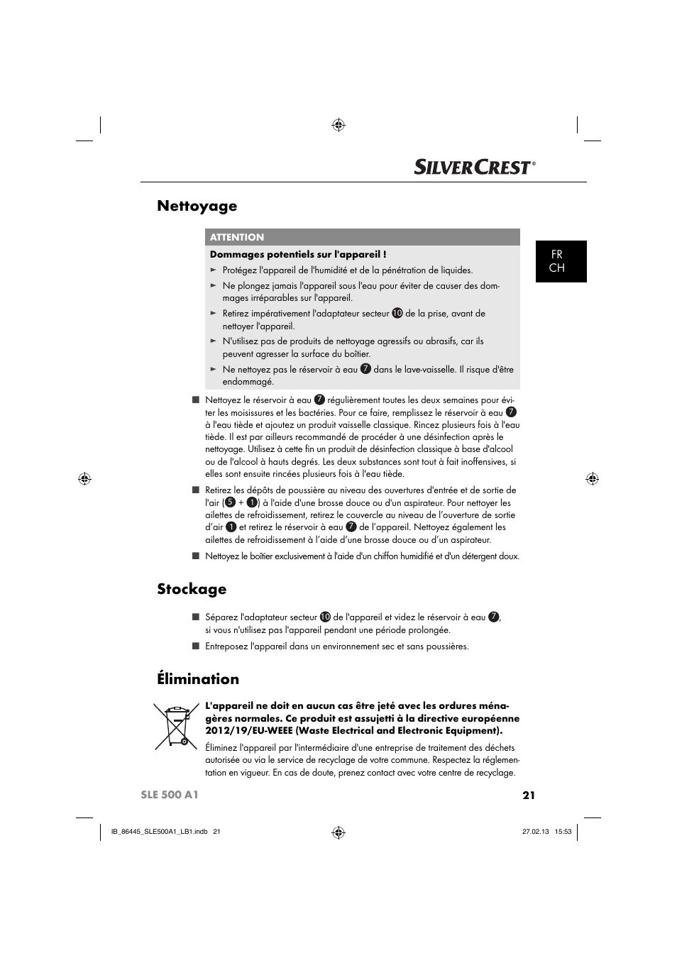 Nettoyage, Stockage, Élimination | Fr ch | Silvercrest SLE 500 A1 User Manual | Page 24 / 52