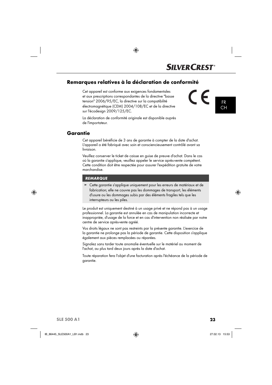 Remarques relatives à la déclaration de conformité, Garantie, Fr ch | Silvercrest SLE 500 A1 User Manual | Page 26 / 52