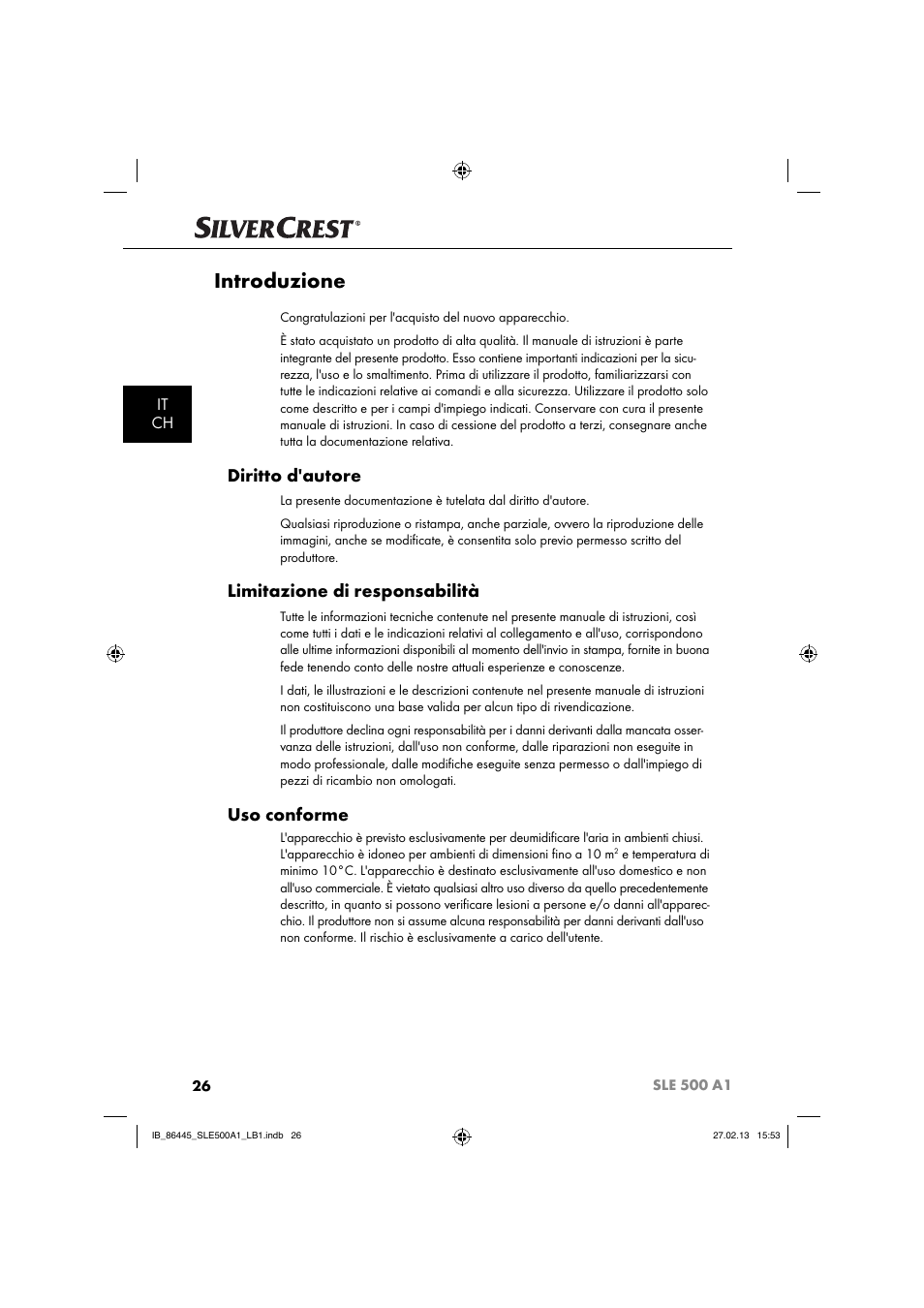 Introduzione, Diritto d'autore, Limitazione di responsabilità | Uso conforme, It ch | Silvercrest SLE 500 A1 User Manual | Page 29 / 52