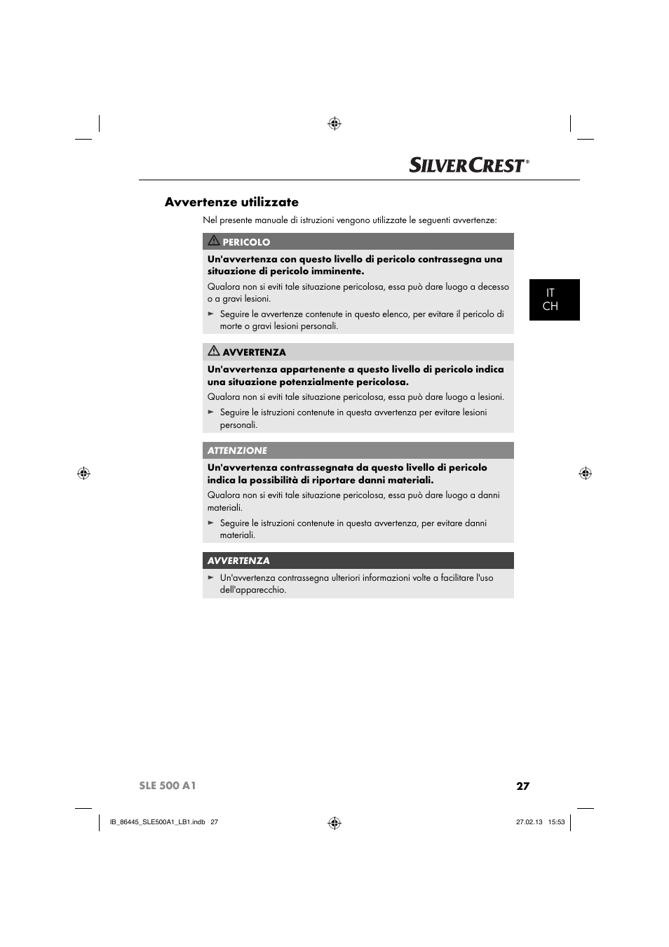 Avvertenze utilizzate, It ch | Silvercrest SLE 500 A1 User Manual | Page 30 / 52