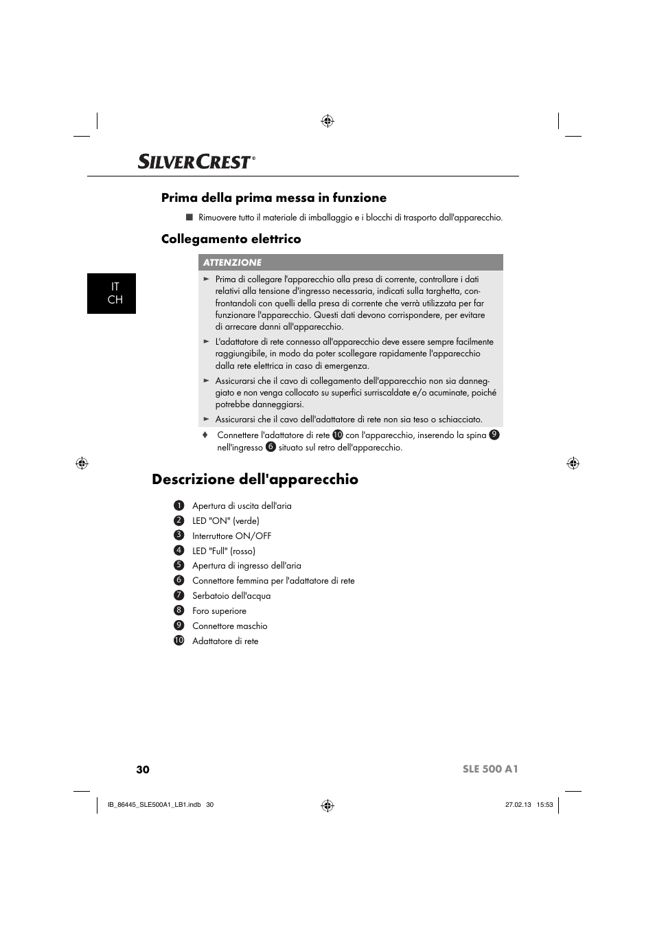 Descrizione dell'apparecchio, Prima della prima messa in funzione, Collegamento elettrico | It ch | Silvercrest SLE 500 A1 User Manual | Page 33 / 52