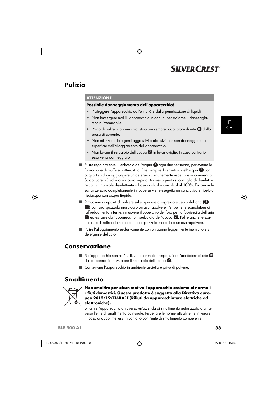 Pulizia, Conservazione, Smaltimento | It ch | Silvercrest SLE 500 A1 User Manual | Page 36 / 52