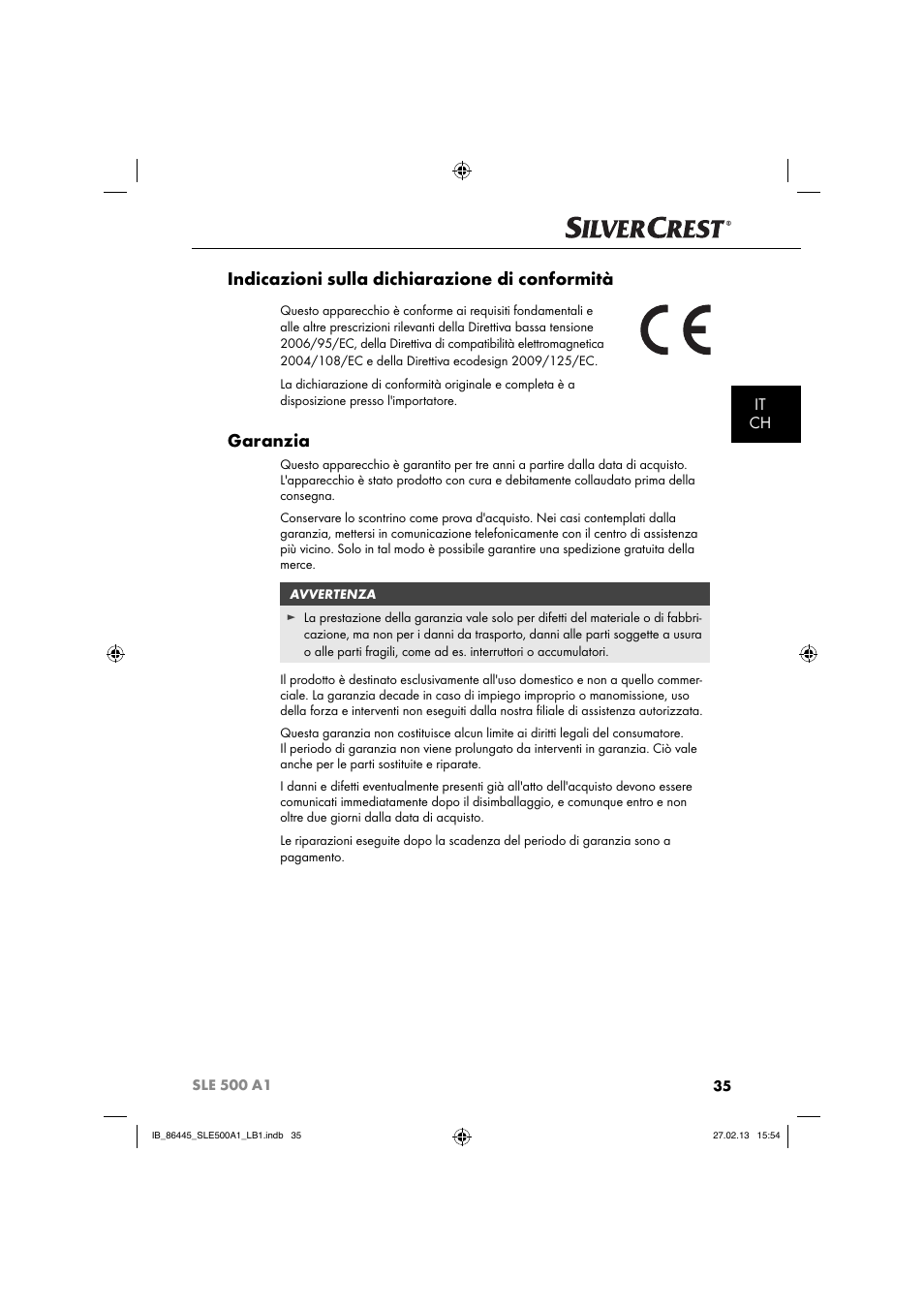 Indicazioni sulla dichiarazione di conformità, Garanzia, It ch | Silvercrest SLE 500 A1 User Manual | Page 38 / 52