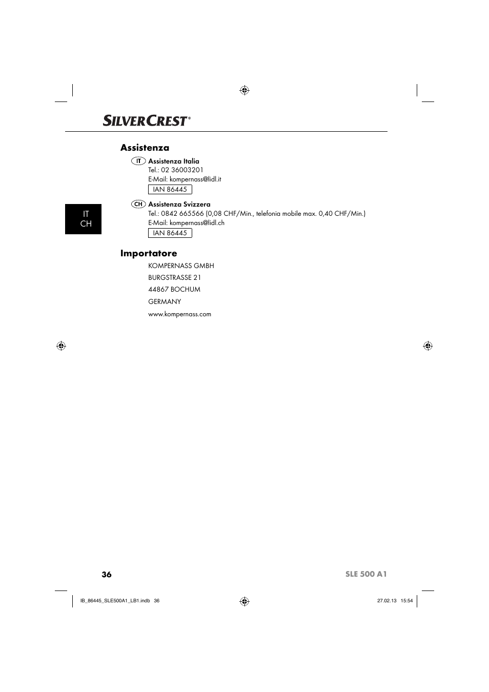 Assistenza, Importatore, It ch | Silvercrest SLE 500 A1 User Manual | Page 39 / 52