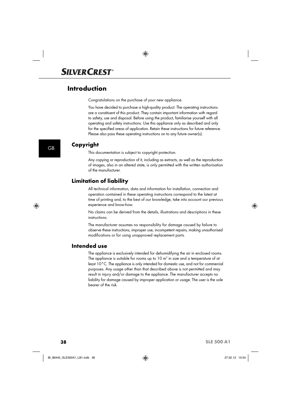 Introduction, Copyright, Limitation of liability | Intended use | Silvercrest SLE 500 A1 User Manual | Page 41 / 52