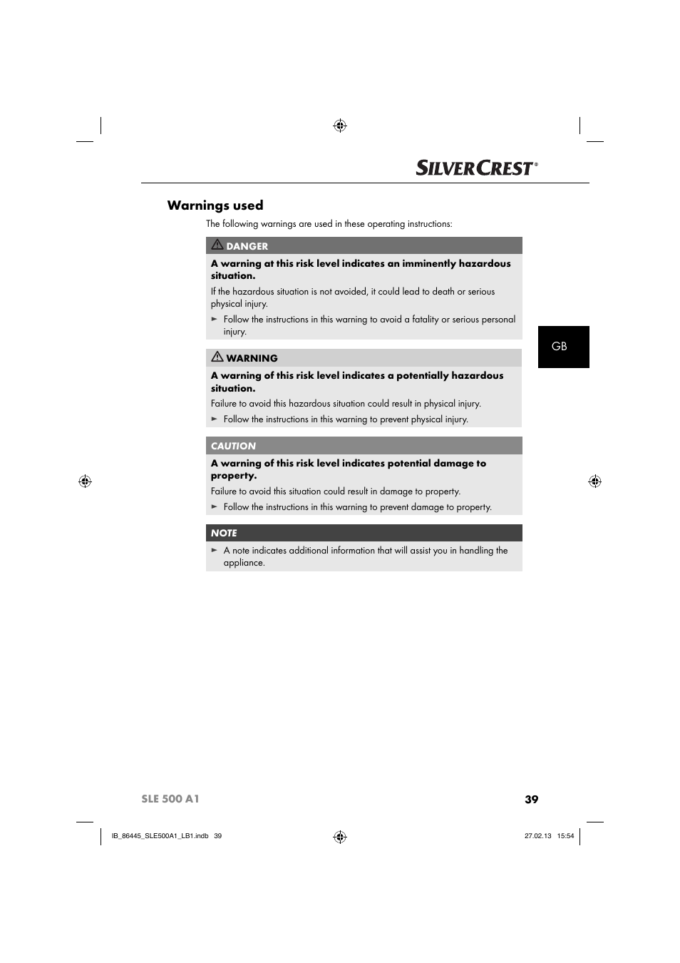 Warnings used | Silvercrest SLE 500 A1 User Manual | Page 42 / 52