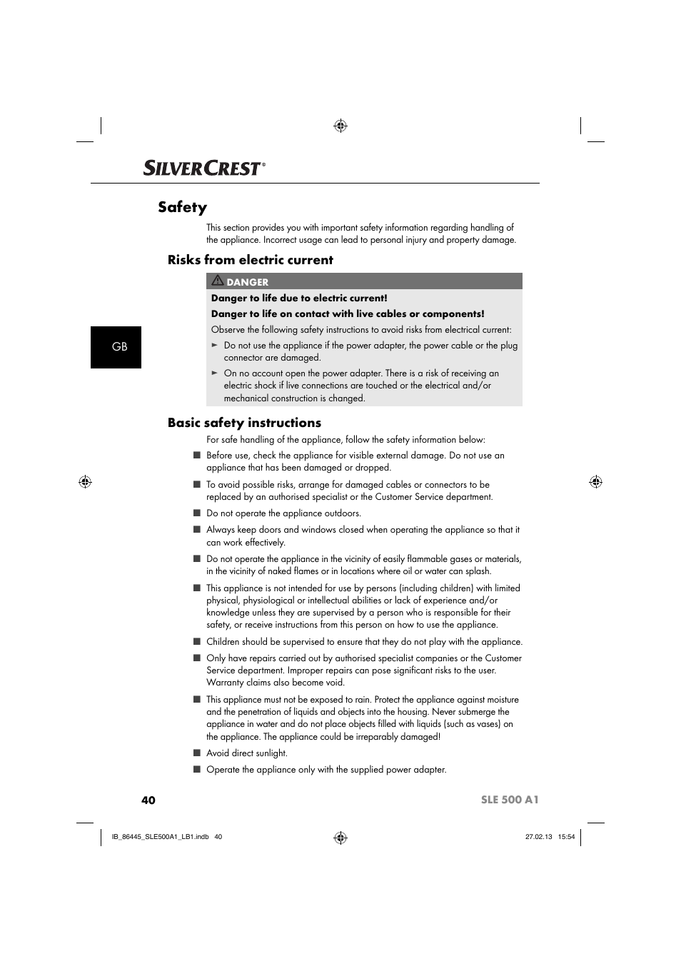 Safety, Risks from electric current, Basic safety instructions | Silvercrest SLE 500 A1 User Manual | Page 43 / 52