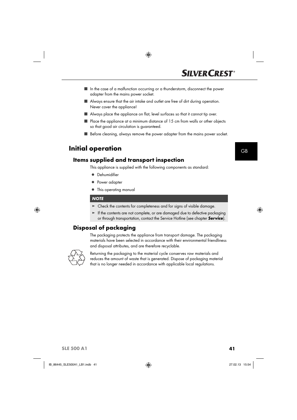 Initial operation, Items supplied and transport inspection, Disposal of packaging | Silvercrest SLE 500 A1 User Manual | Page 44 / 52