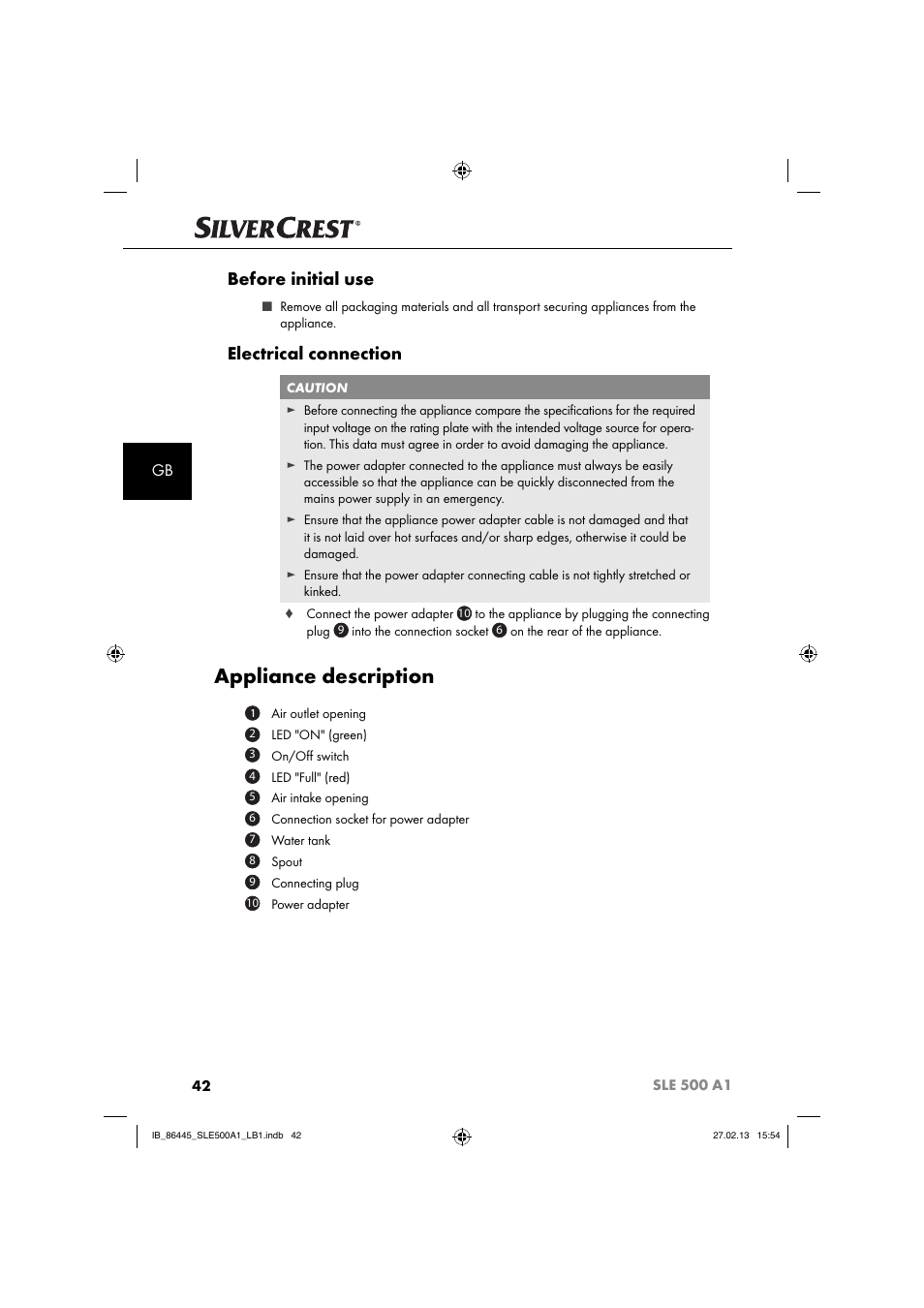 Appliance description, Before initial use, Electrical connection | Silvercrest SLE 500 A1 User Manual | Page 45 / 52