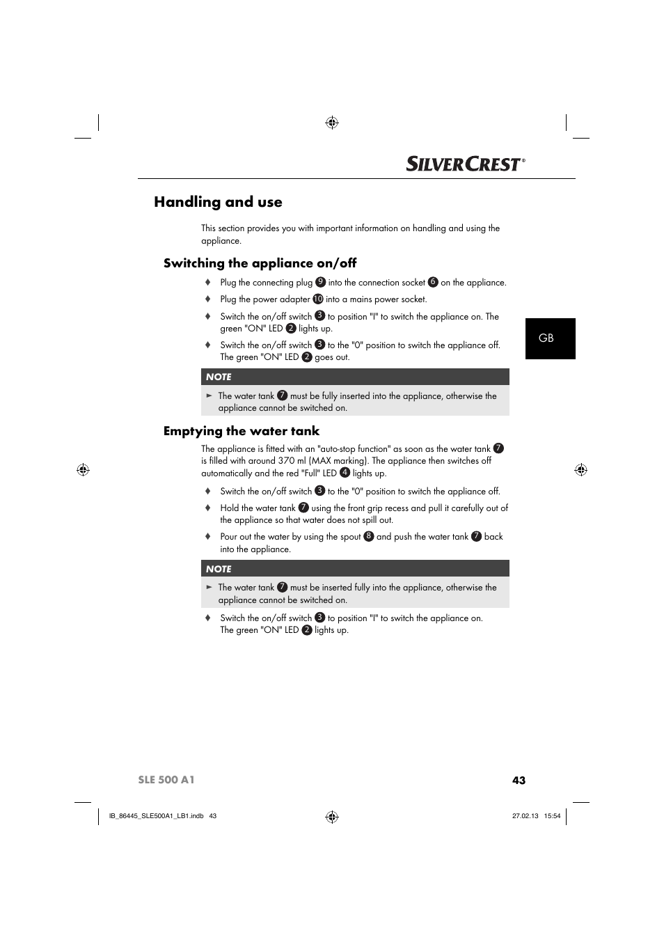 Handling and use, Switching the appliance on/oﬀ, Emptying the water tank | Silvercrest SLE 500 A1 User Manual | Page 46 / 52