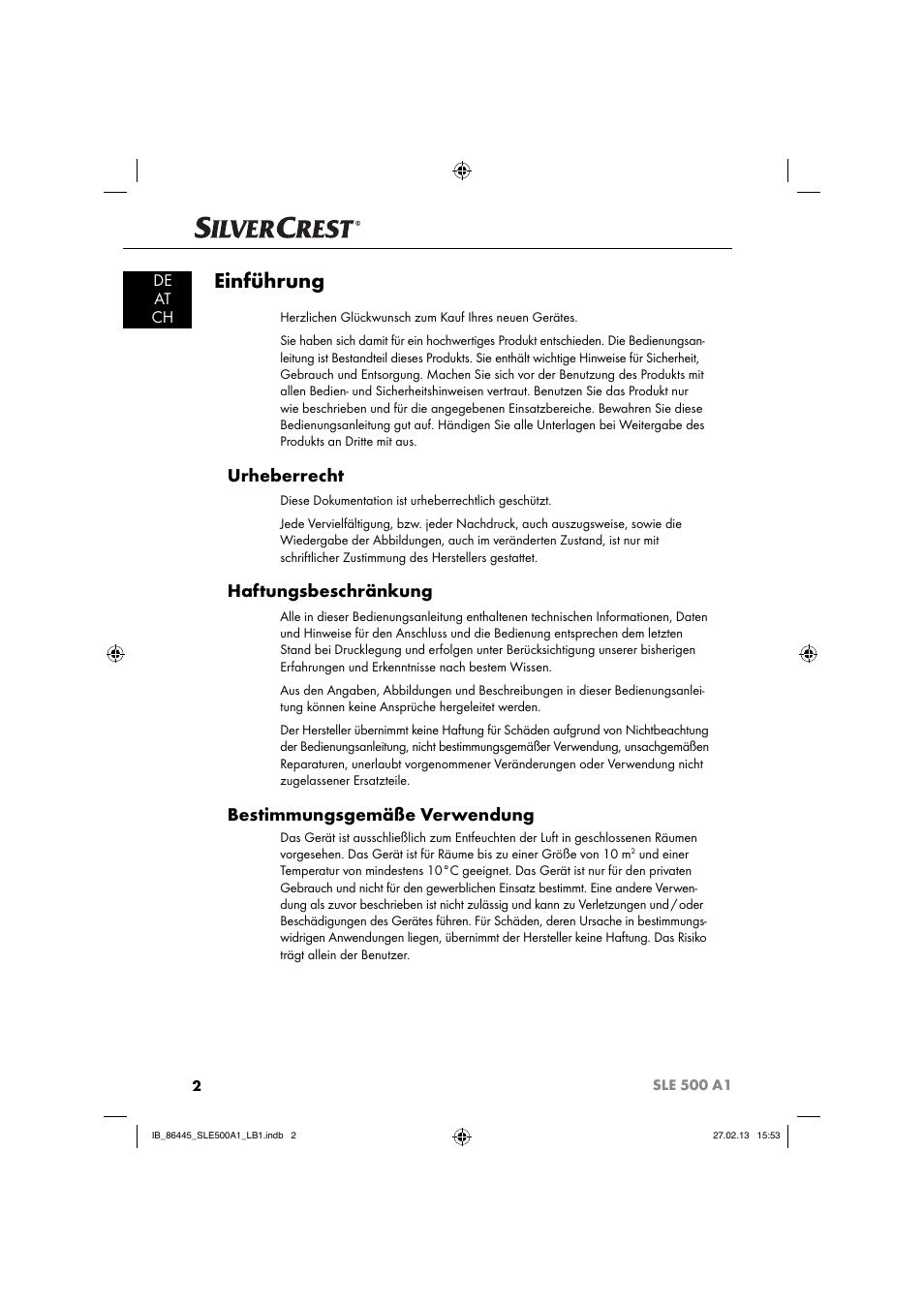 Einführung, Urheberrecht, Haftungsbeschränkung | Bestimmungsgemäße verwendung, De at ch | Silvercrest SLE 500 A1 User Manual | Page 5 / 52