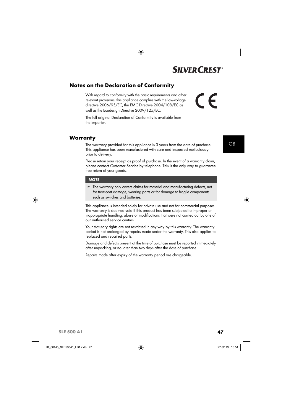 Warranty | Silvercrest SLE 500 A1 User Manual | Page 50 / 52