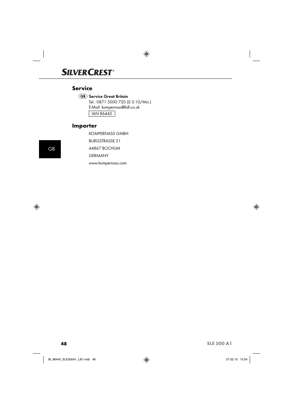 Service, Importer | Silvercrest SLE 500 A1 User Manual | Page 51 / 52
