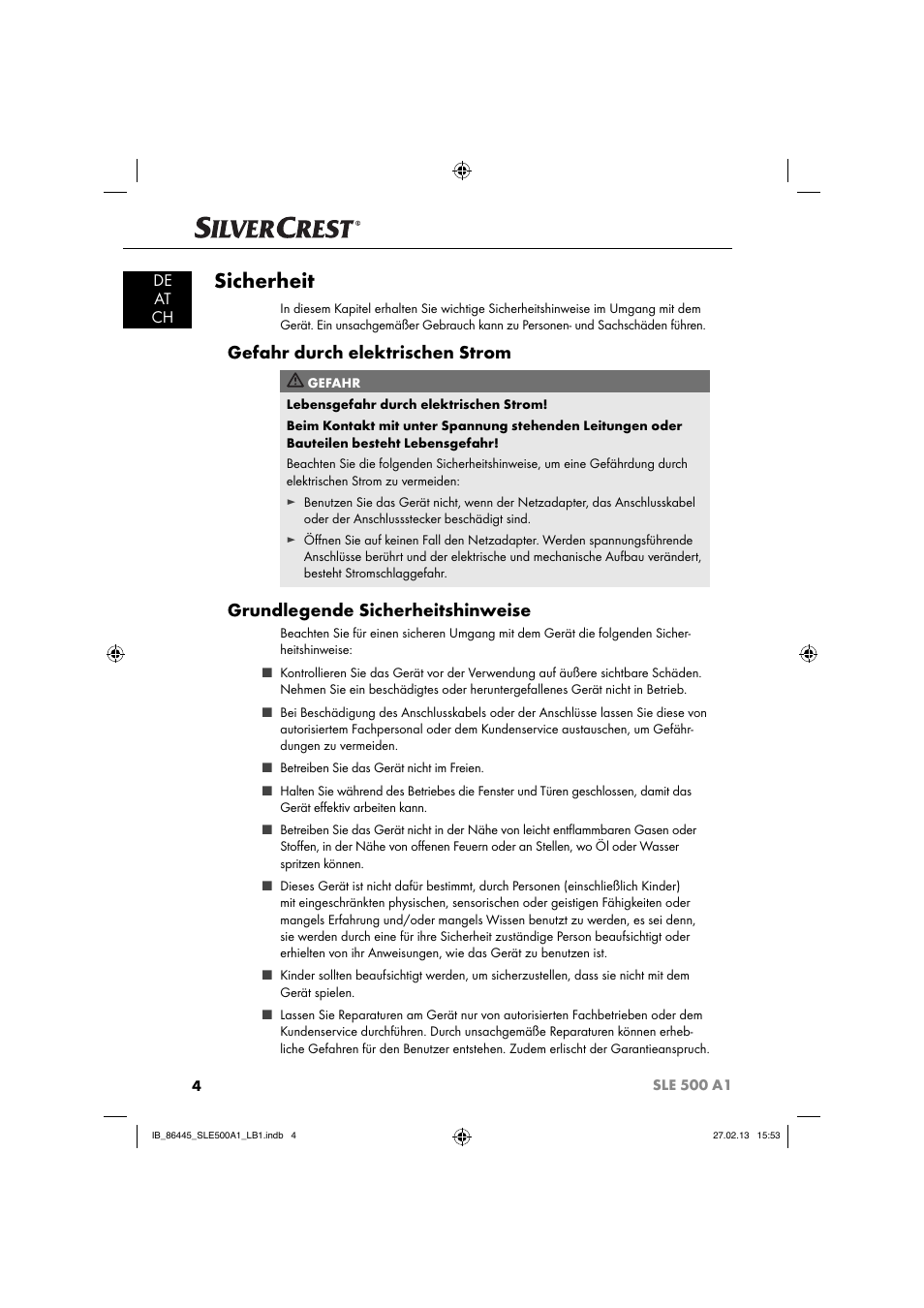 Sicherheit, Gefahr durch elektrischen strom, Grundlegende sicherheitshinweise | De at ch | Silvercrest SLE 500 A1 User Manual | Page 7 / 52