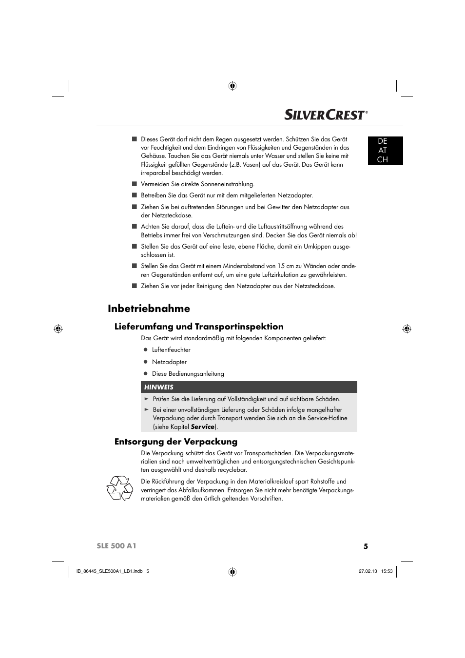 Inbetriebnahme, Lieferumfang und transportinspektion, Entsorgung der verpackung | De at ch | Silvercrest SLE 500 A1 User Manual | Page 8 / 52