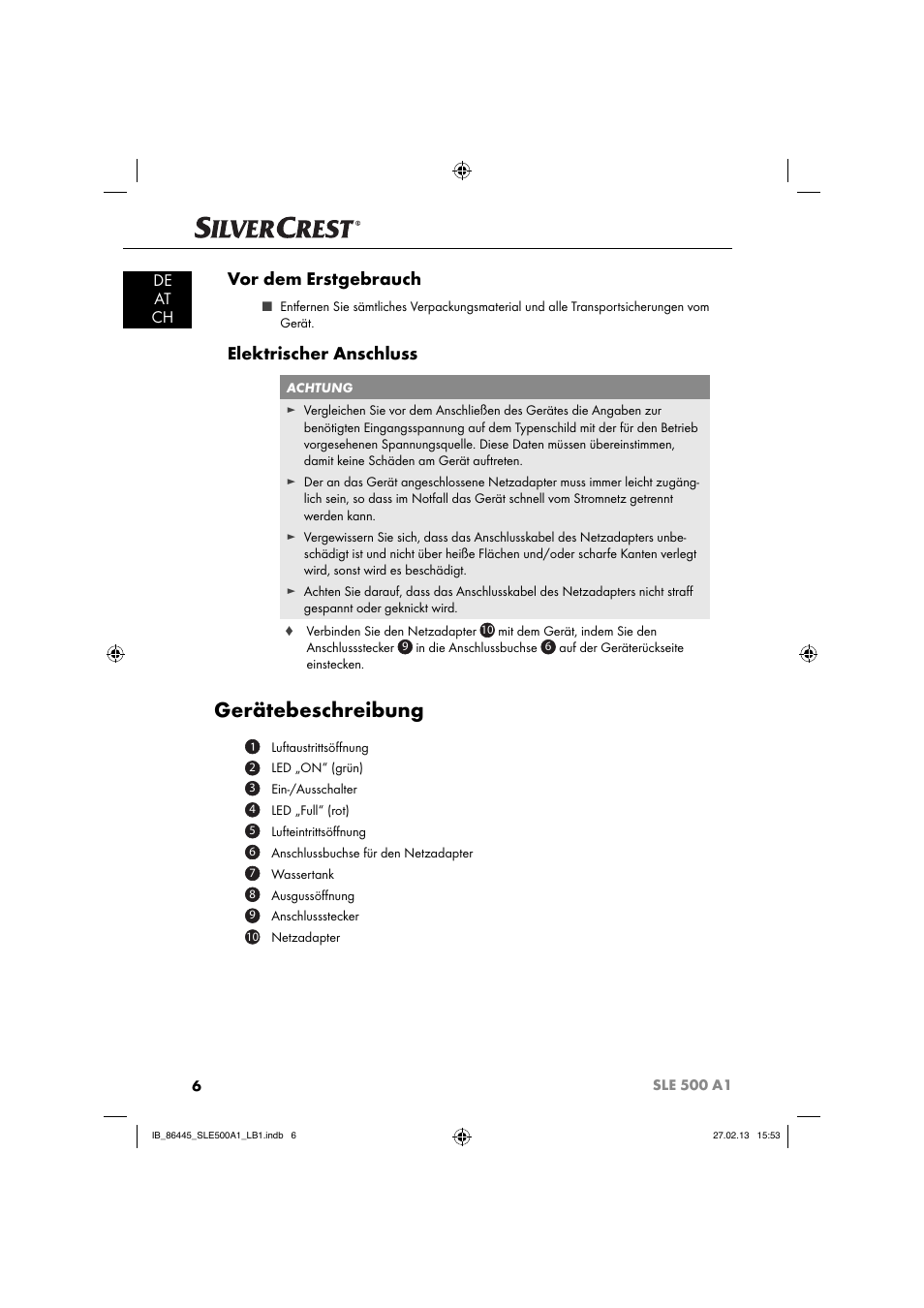 Gerätebeschreibung, Vor dem erstgebrauch, Elektrischer anschluss | De at ch | Silvercrest SLE 500 A1 User Manual | Page 9 / 52