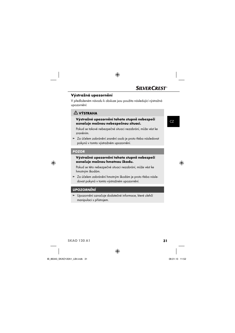 Výstražná upozornění | Silvercrest SKAO 120 A1 User Manual | Page 34 / 59