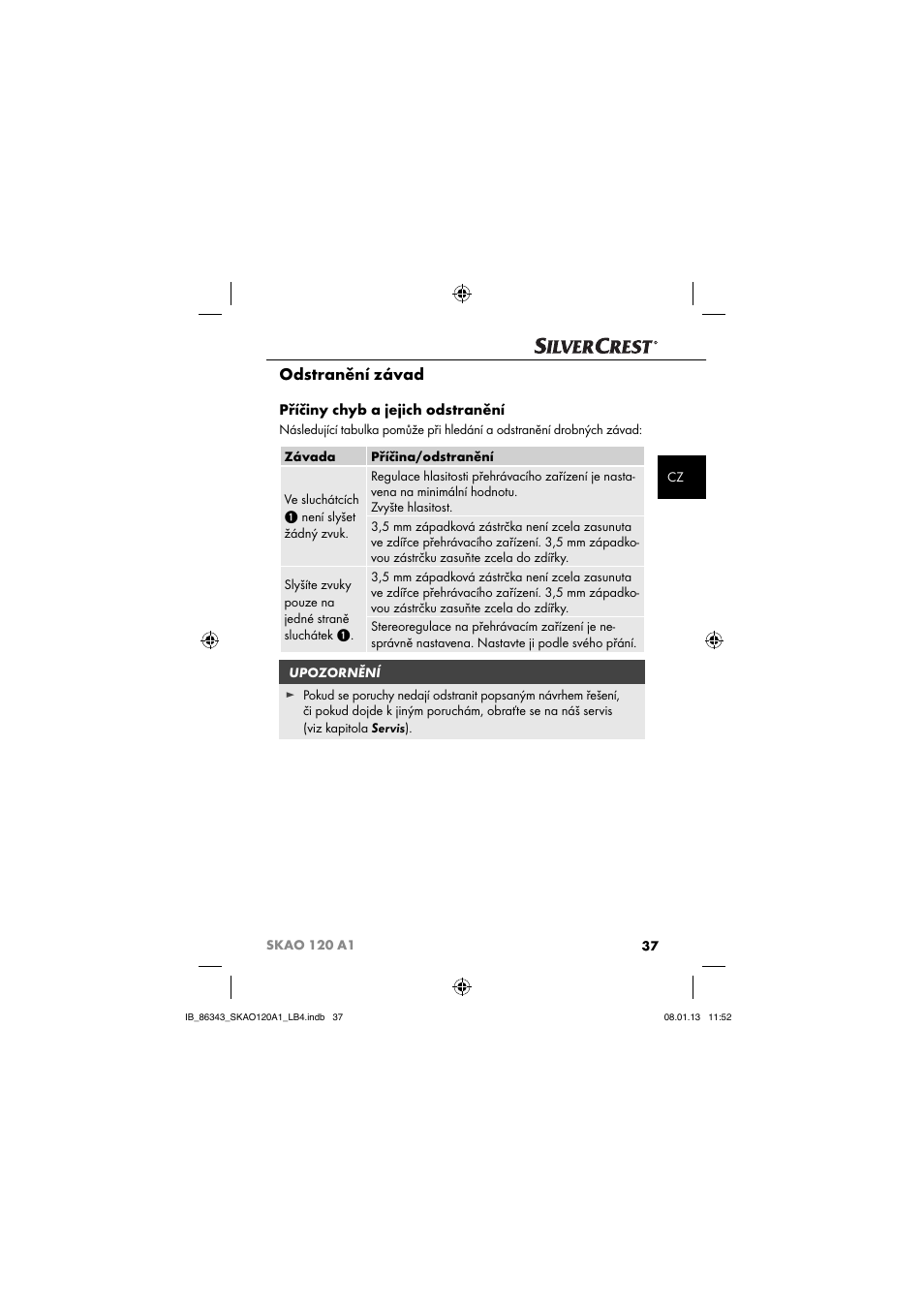 Odstranění závad, Příčiny chyb a jejich odstranění | Silvercrest SKAO 120 A1 User Manual | Page 40 / 59