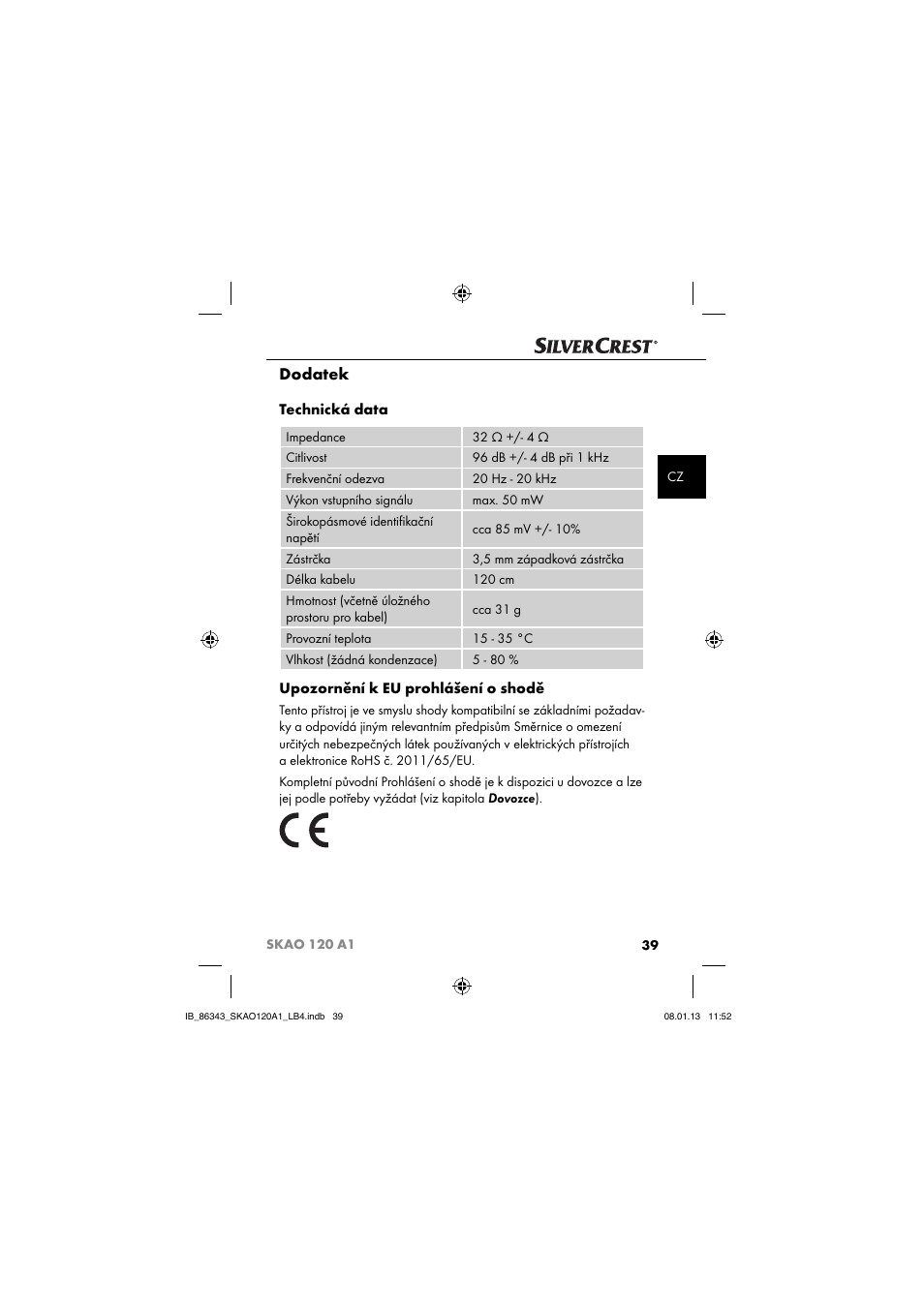 Dodatek, Technická data, Upozornění k eu prohlášení o shodě | Silvercrest SKAO 120 A1 User Manual | Page 42 / 59