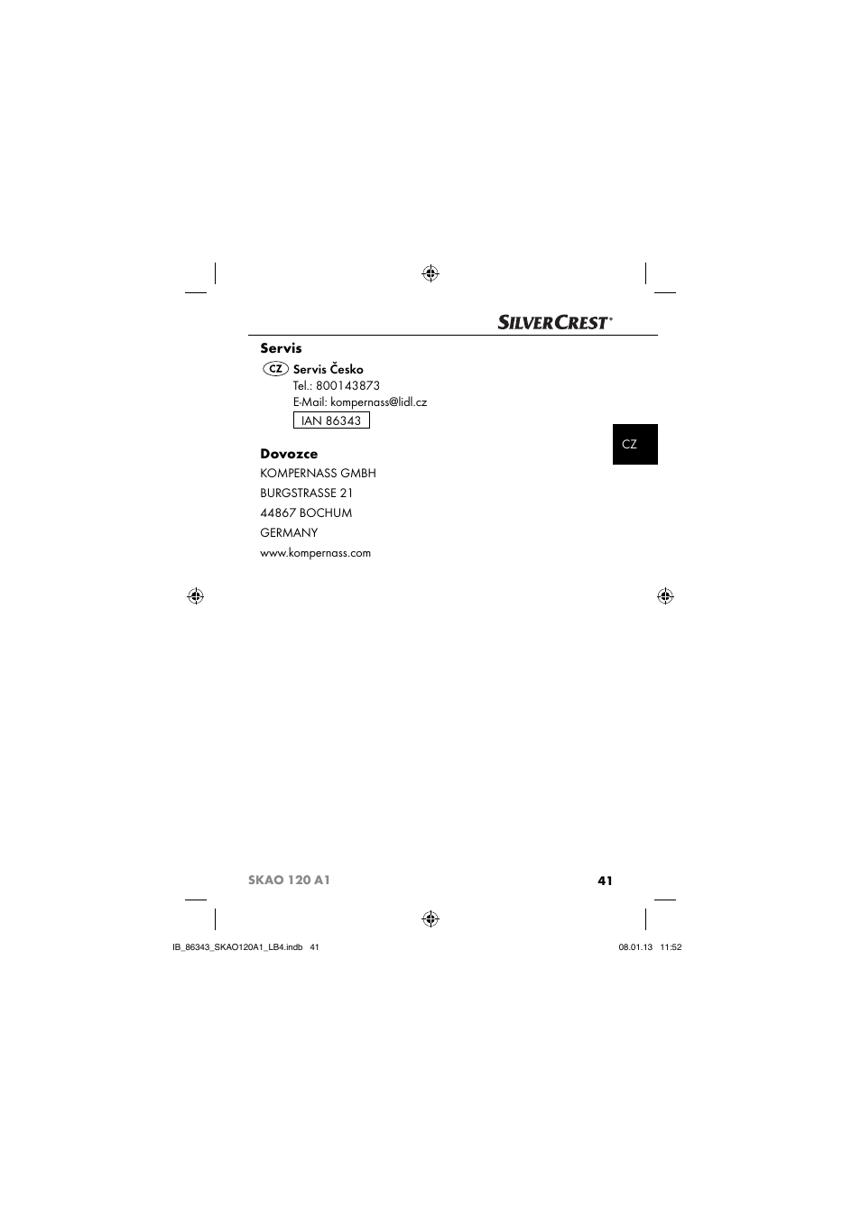 Servis, Dovozce | Silvercrest SKAO 120 A1 User Manual | Page 44 / 59