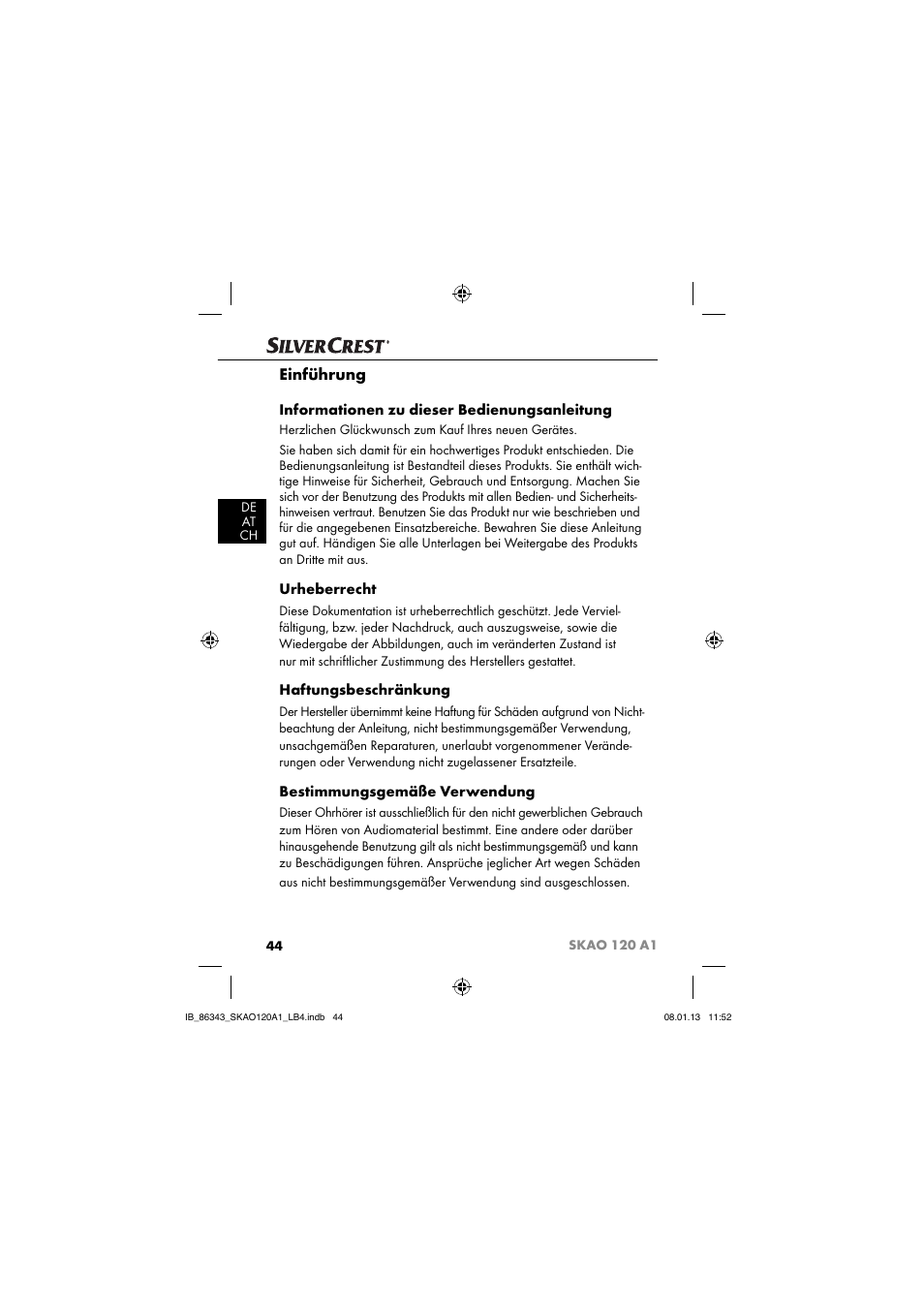 Einführung, Informationen zu dieser bedienungsanleitung, Urheberrecht | Haftungsbeschränkung, Bestimmungsgemäße verwendung | Silvercrest SKAO 120 A1 User Manual | Page 47 / 59