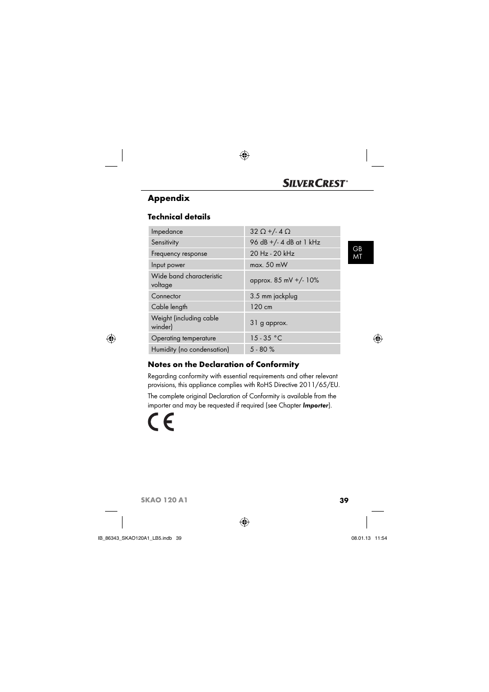 Appendix, Technical details | Silvercrest SKAO 120 A1 User Manual | Page 42 / 59