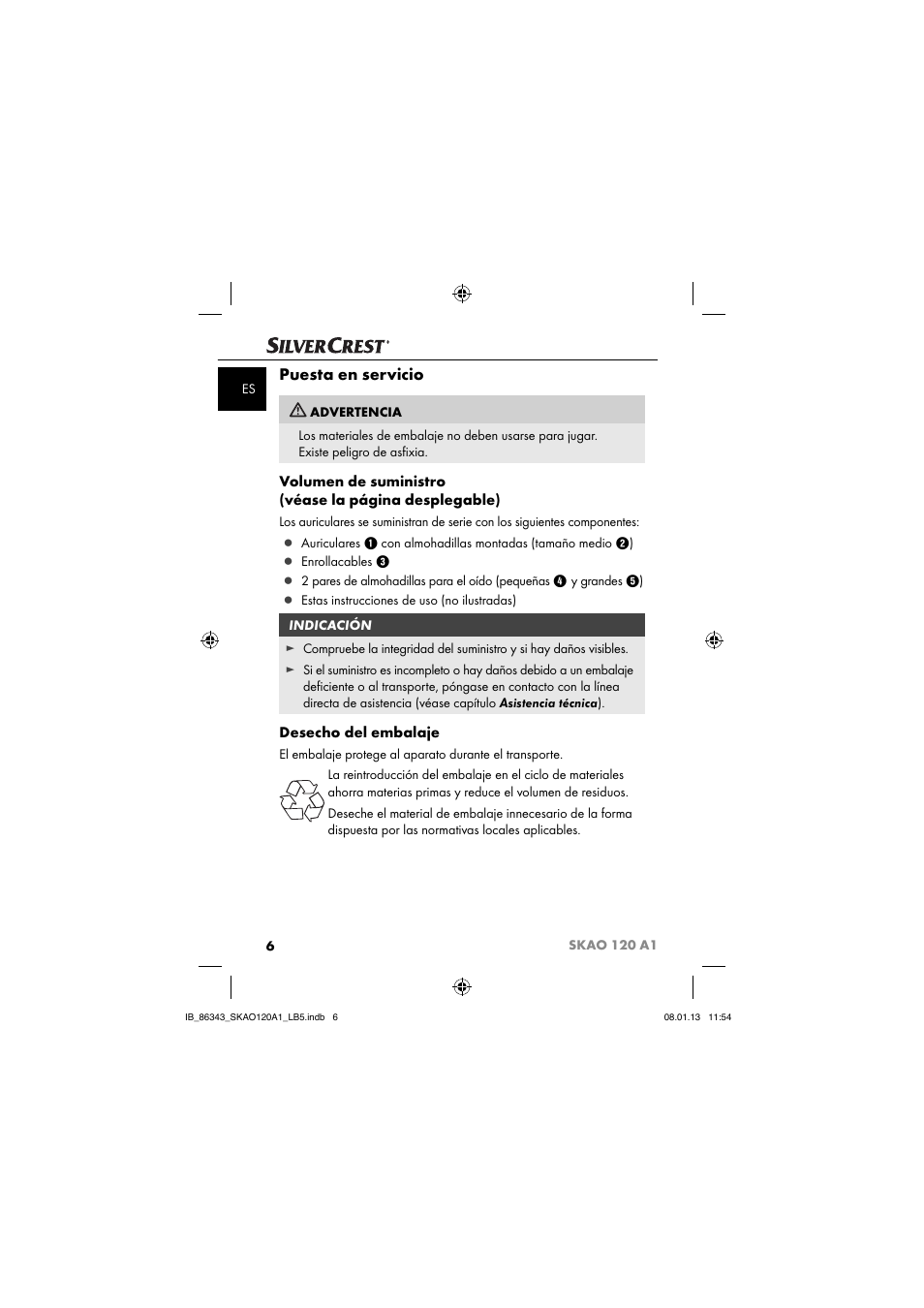 Puesta en servicio, Desecho del embalaje | Silvercrest SKAO 120 A1 User Manual | Page 9 / 59