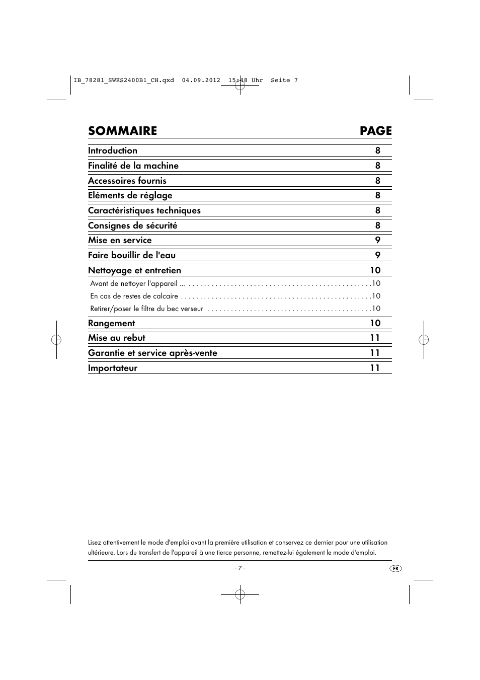 Sommaire page | Silvercrest SWKS 2400 B1 User Manual | Page 10 / 28