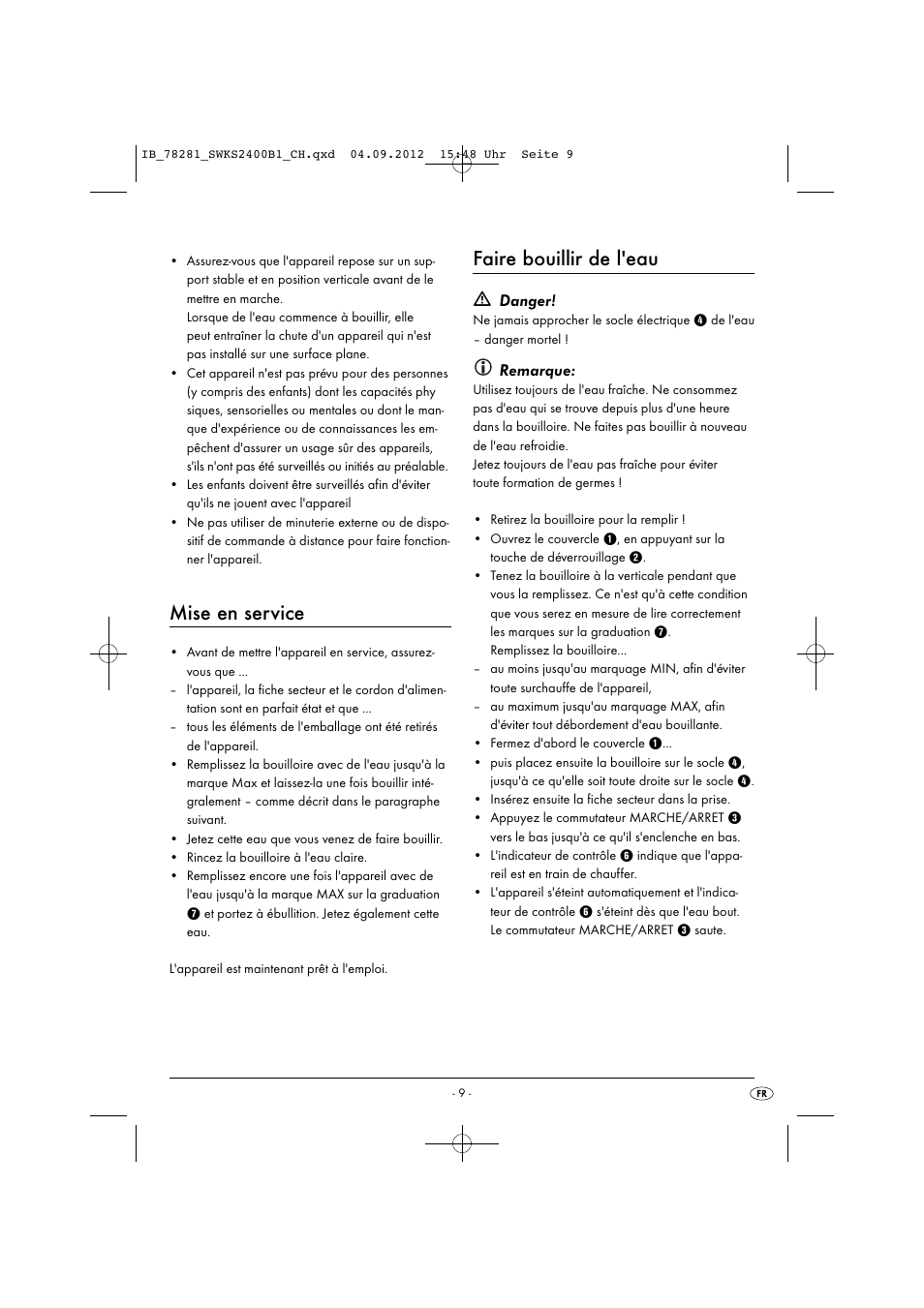Mise en service, Faire bouillir de l'eau | Silvercrest SWKS 2400 B1 User Manual | Page 12 / 28
