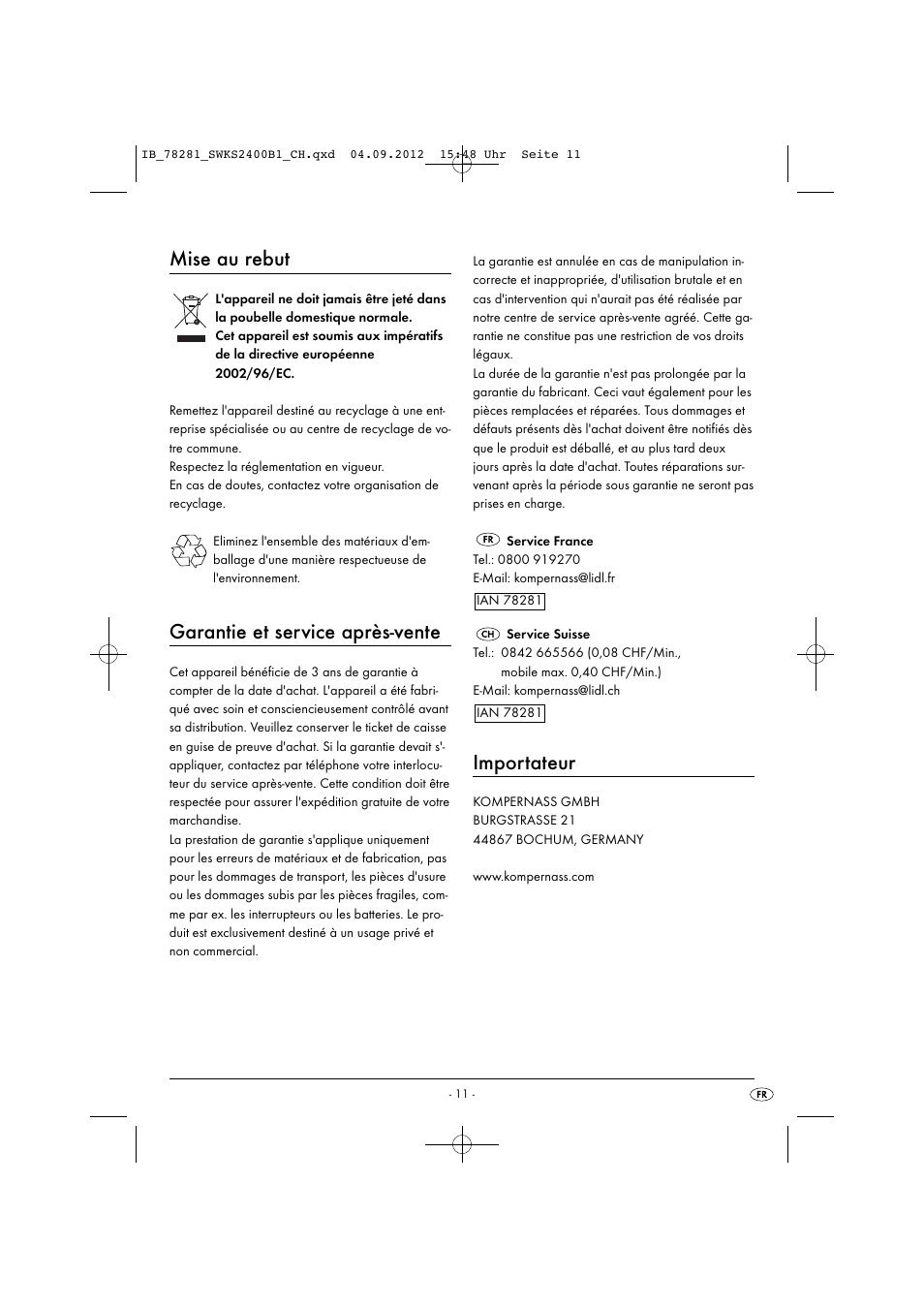 Mise au rebut, Garantie et service après-vente, Importateur | Silvercrest SWKS 2400 B1 User Manual | Page 14 / 28