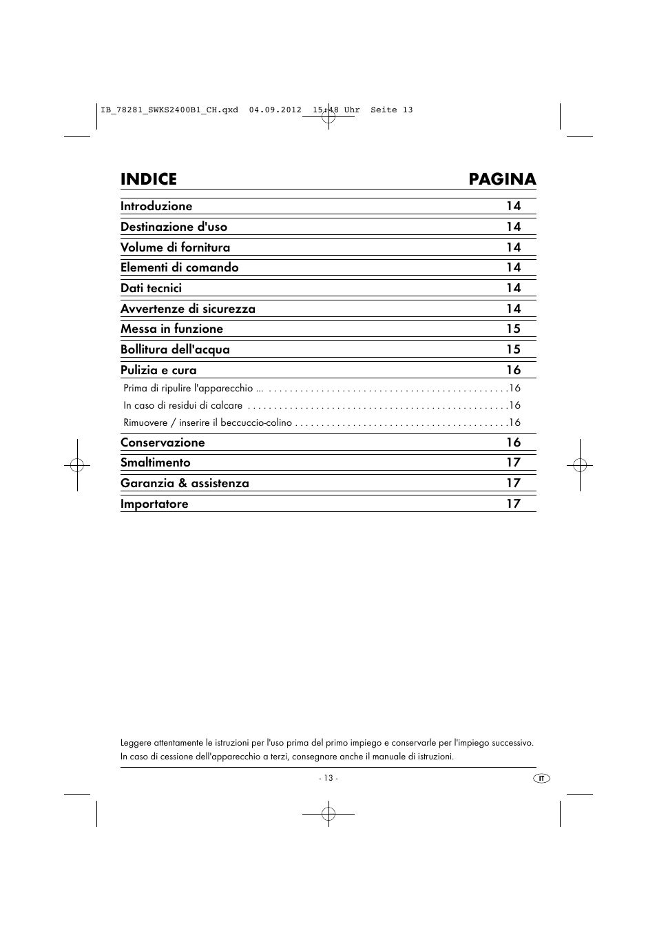 Indice pagina | Silvercrest SWKS 2400 B1 User Manual | Page 16 / 28