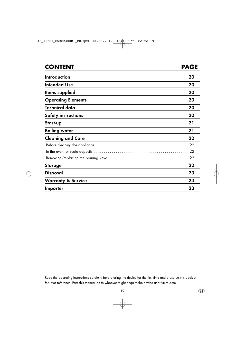 Content page | Silvercrest SWKS 2400 B1 User Manual | Page 22 / 28