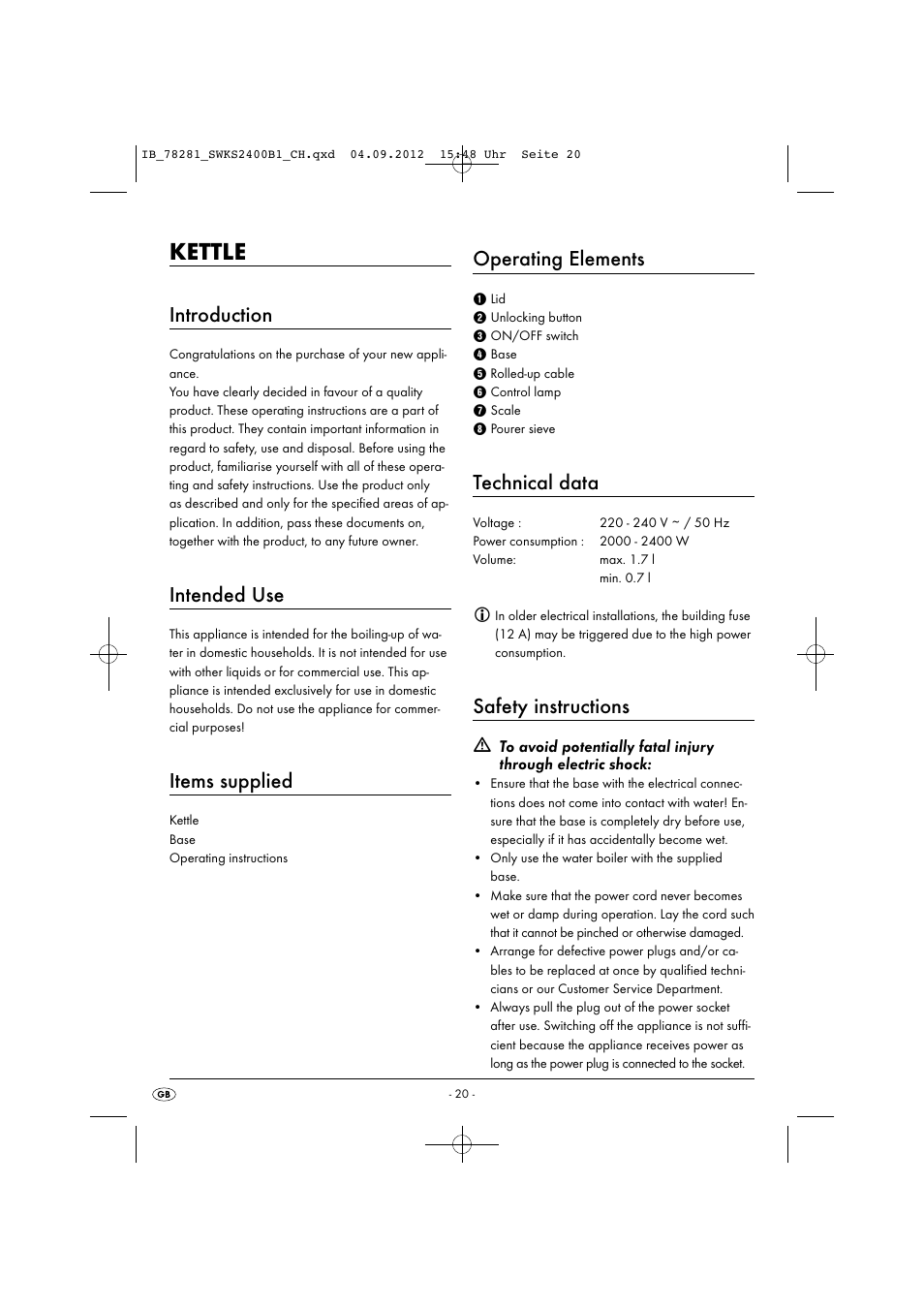 Kettle, Introduction, Intended use | Items supplied, Operating elements, Technical data, Safety instructions | Silvercrest SWKS 2400 B1 User Manual | Page 23 / 28