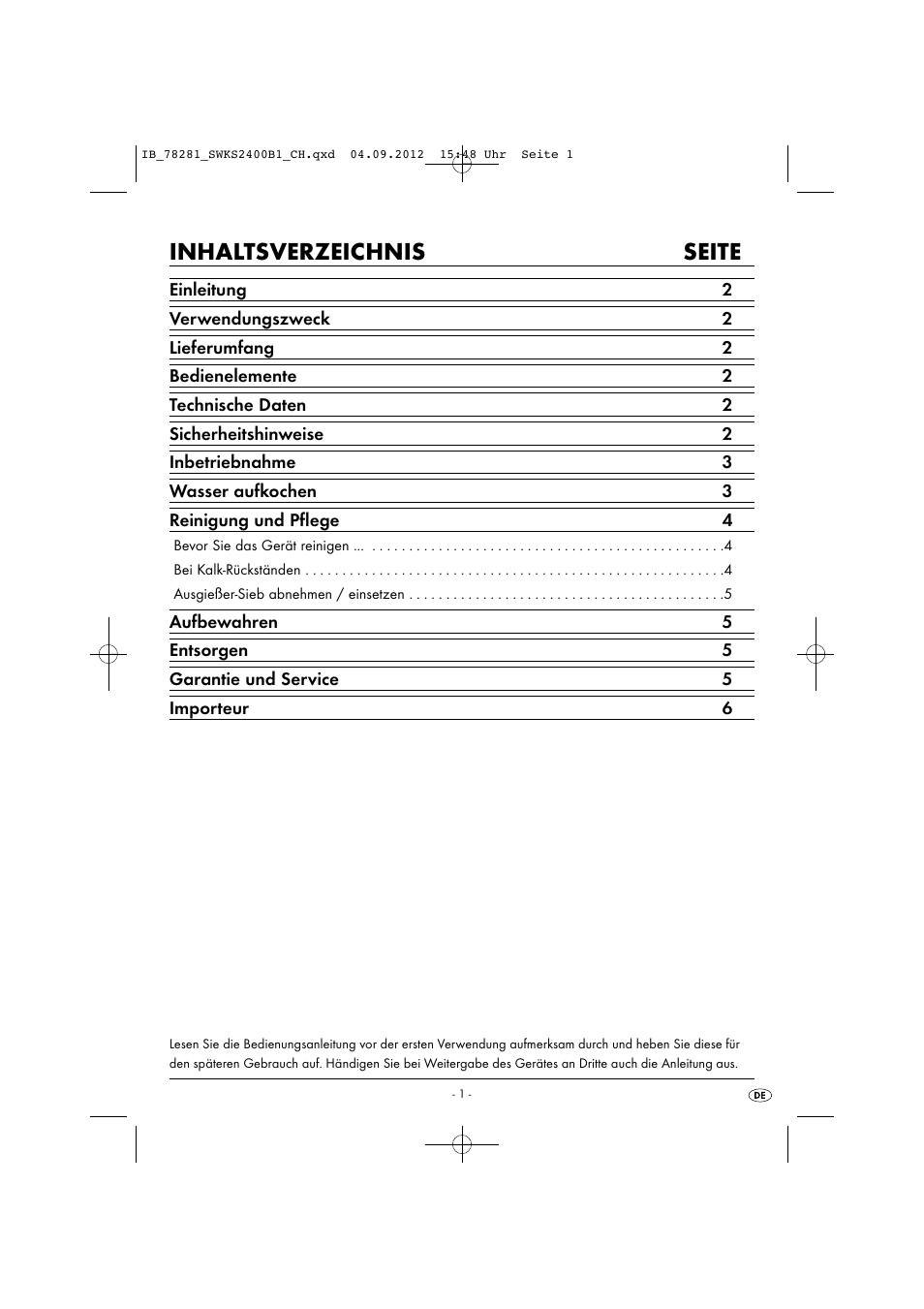 Inhaltsverzeichnis seite | Silvercrest SWKS 2400 B1 User Manual | Page 4 / 28
