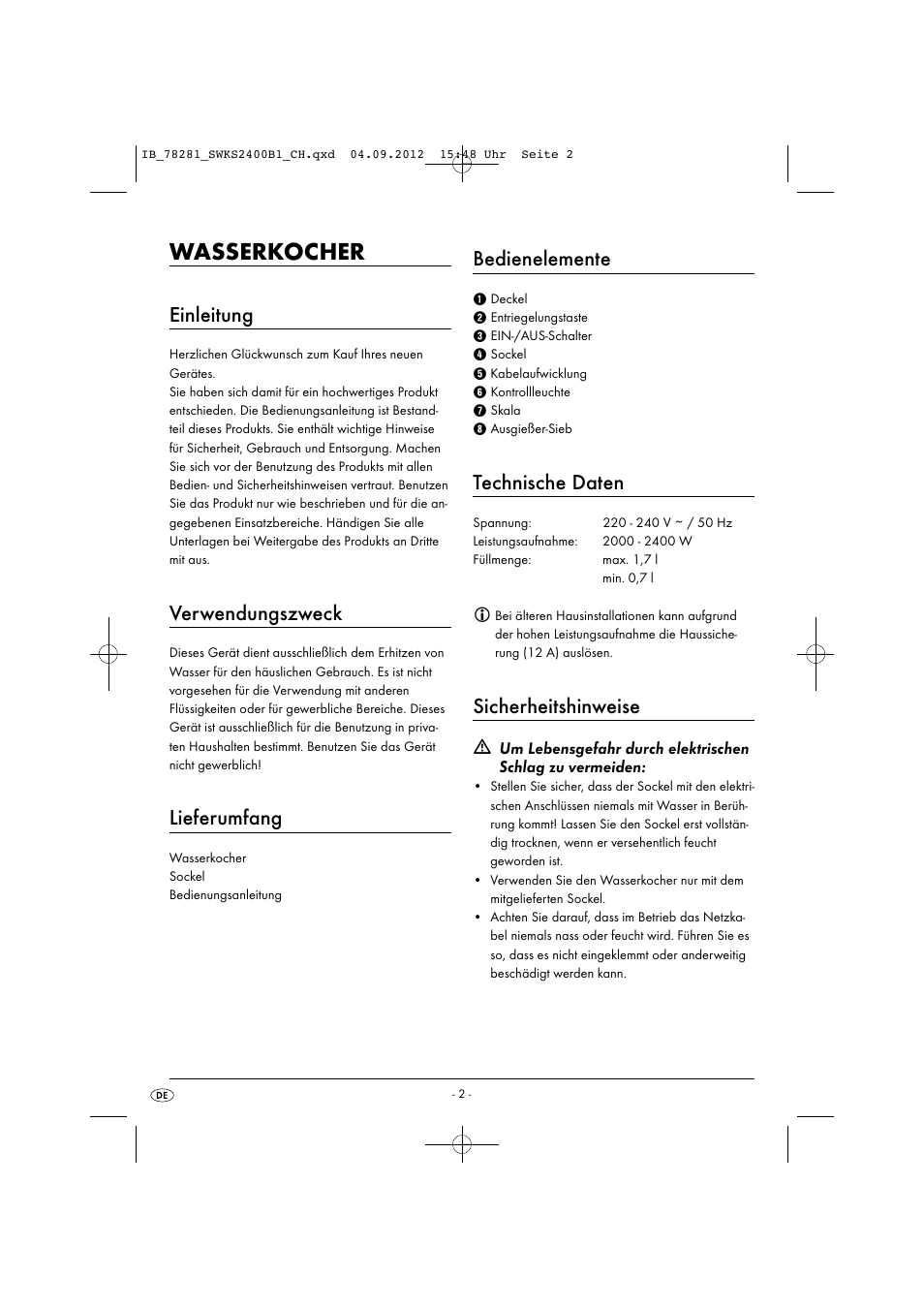 Wasserkocher, Einleitung, Verwendungszweck | Lieferumfang, Bedienelemente, Technische daten, Sicherheitshinweise | Silvercrest SWKS 2400 B1 User Manual | Page 5 / 28