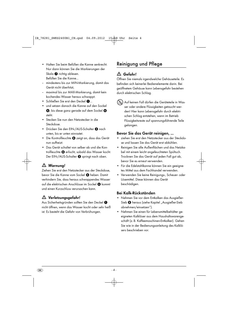 Reinigung und pflege | Silvercrest SWKS 2400 B1 User Manual | Page 7 / 28