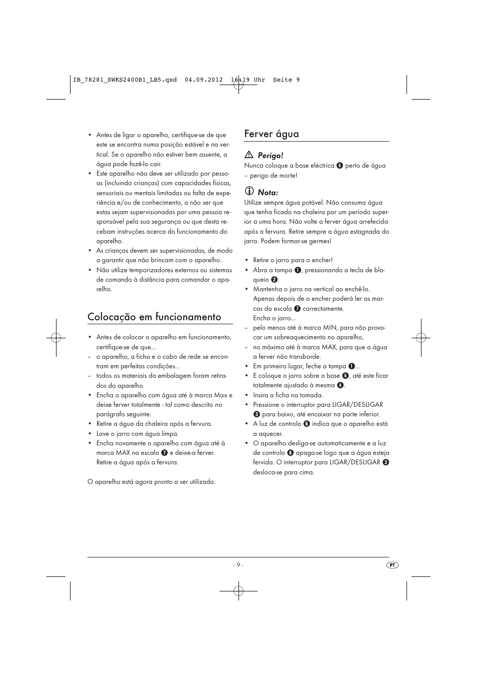 Colocação em funcionamento, Ferver água, Perigo | Nota | Silvercrest SWKS 2400 B1 User Manual | Page 12 / 28