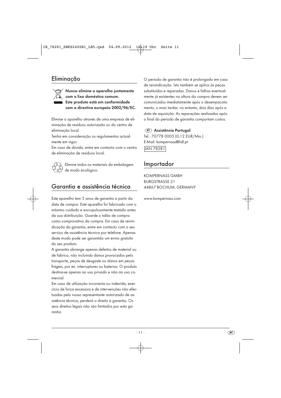Eliminação, Garantia e assistência técnica, Importador | Silvercrest SWKS 2400 B1 User Manual | Page 14 / 28