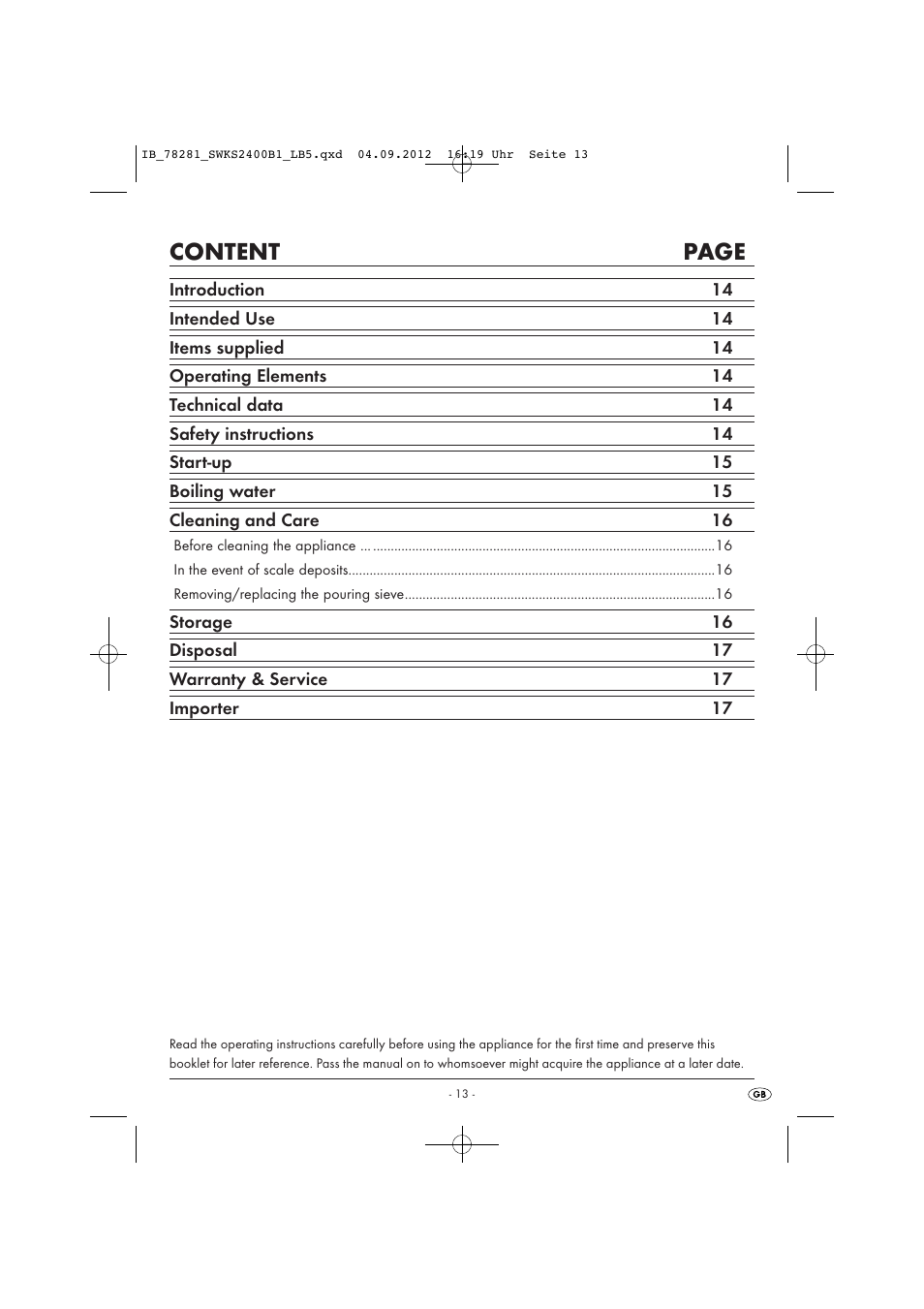 Content page | Silvercrest SWKS 2400 B1 User Manual | Page 16 / 28
