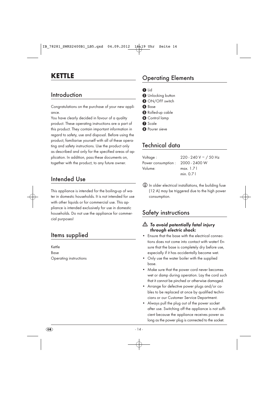 Kettle, Introduction, Intended use | Items supplied, Operating elements, Technical data, Safety instructions | Silvercrest SWKS 2400 B1 User Manual | Page 17 / 28