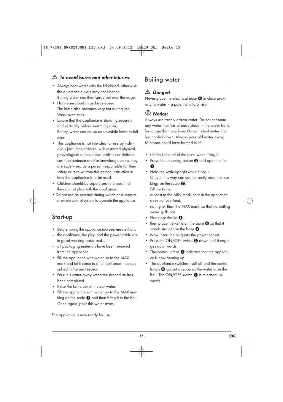 Start-up, Boiling water, Danger | Notice | Silvercrest SWKS 2400 B1 User Manual | Page 18 / 28