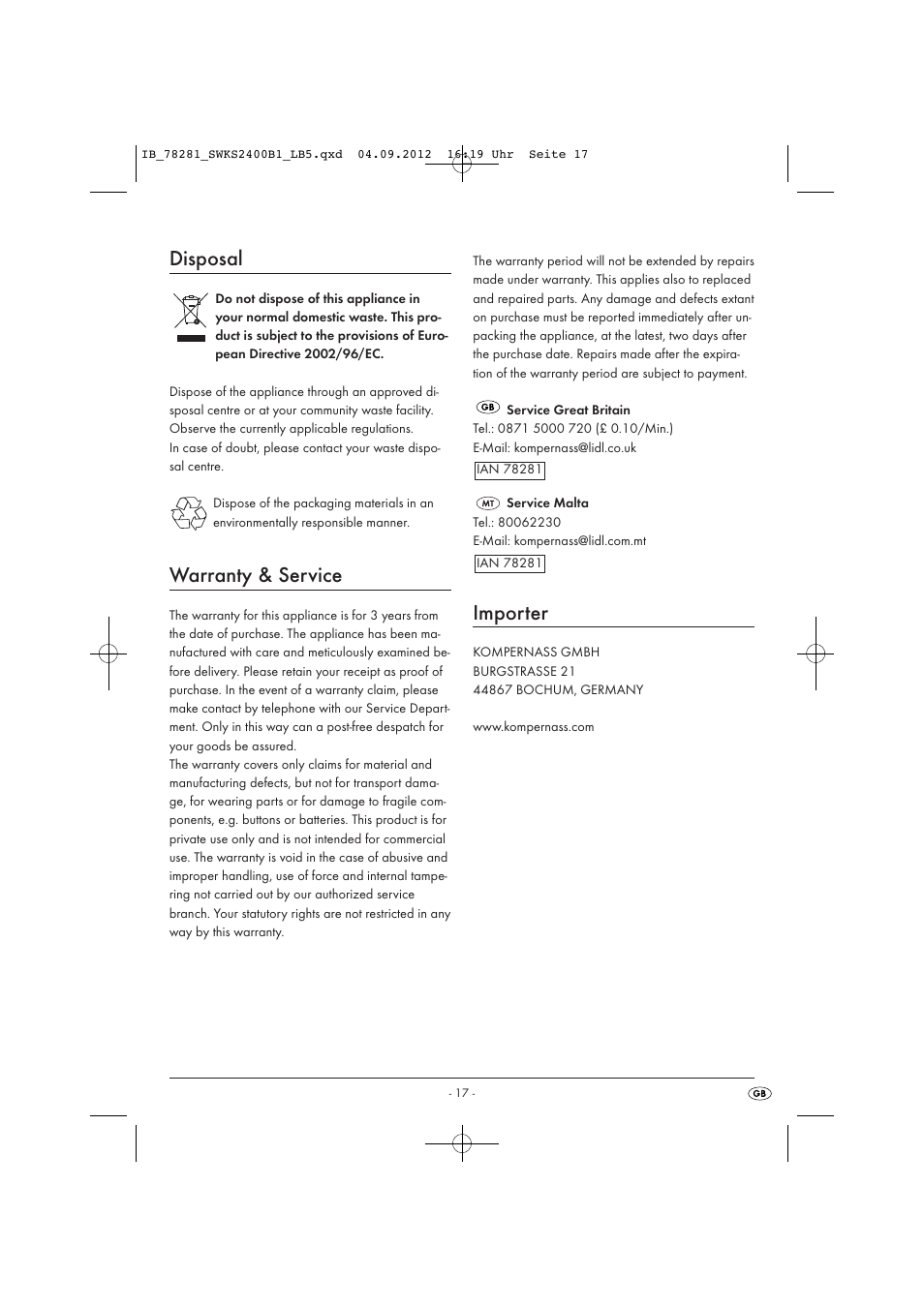 Disposal, Warranty & service, Importer | Silvercrest SWKS 2400 B1 User Manual | Page 20 / 28