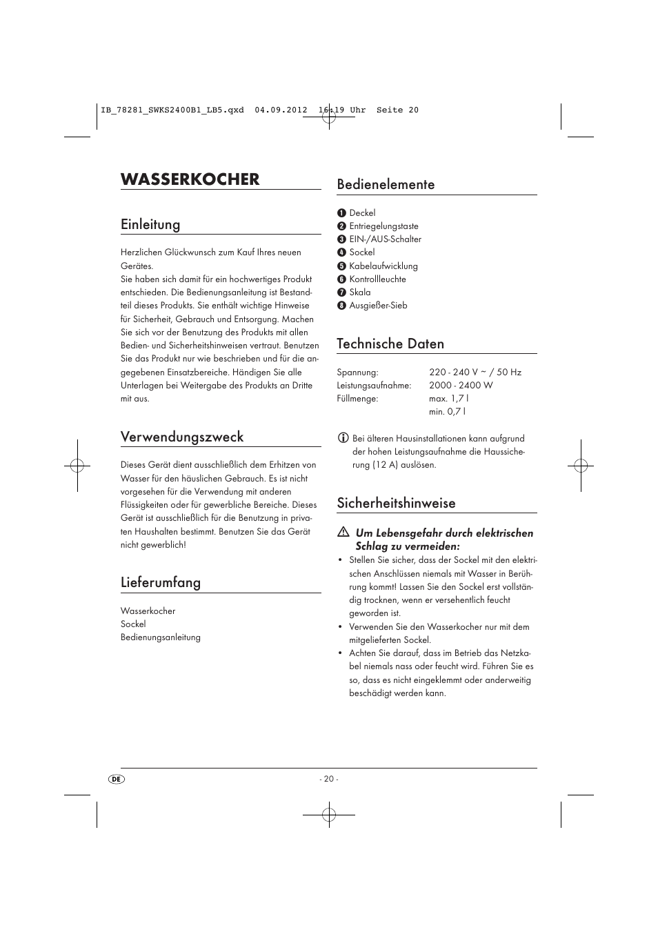 Wasserkocher, Einleitung, Verwendungszweck | Lieferumfang, Bedienelemente, Technische daten, Sicherheitshinweise | Silvercrest SWKS 2400 B1 User Manual | Page 23 / 28