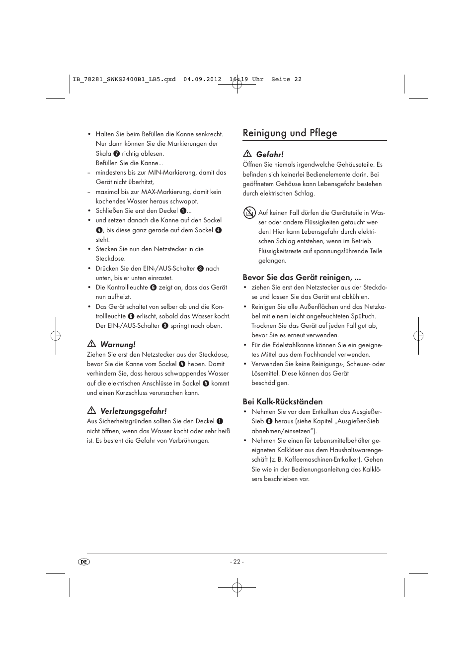 Reinigung und pflege, Warnung, Verletzungsgefahr | Gefahr, Bevor sie das gerät reinigen, Bei kalk-rückständen | Silvercrest SWKS 2400 B1 User Manual | Page 25 / 28