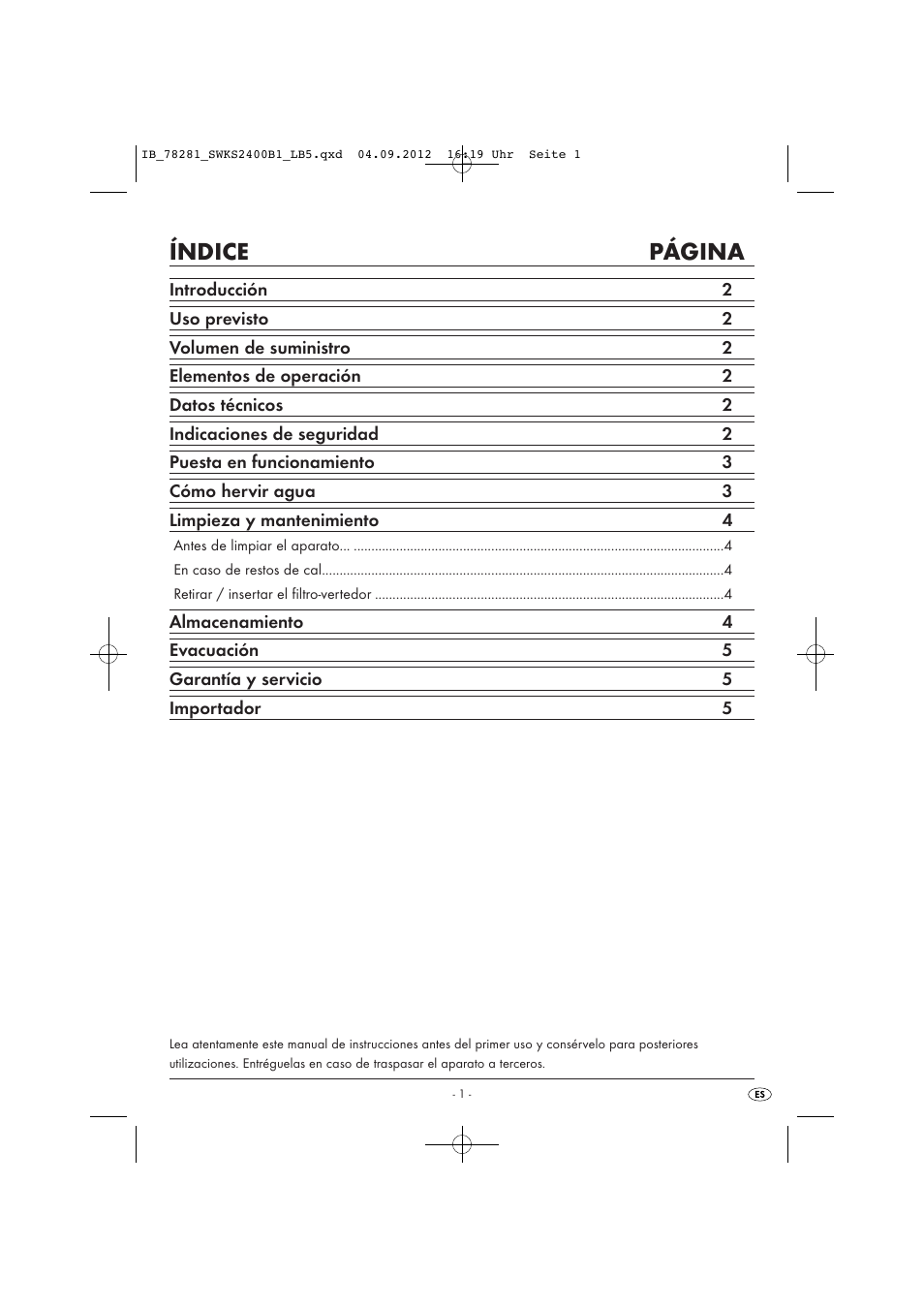 Índice página | Silvercrest SWKS 2400 B1 User Manual | Page 4 / 28