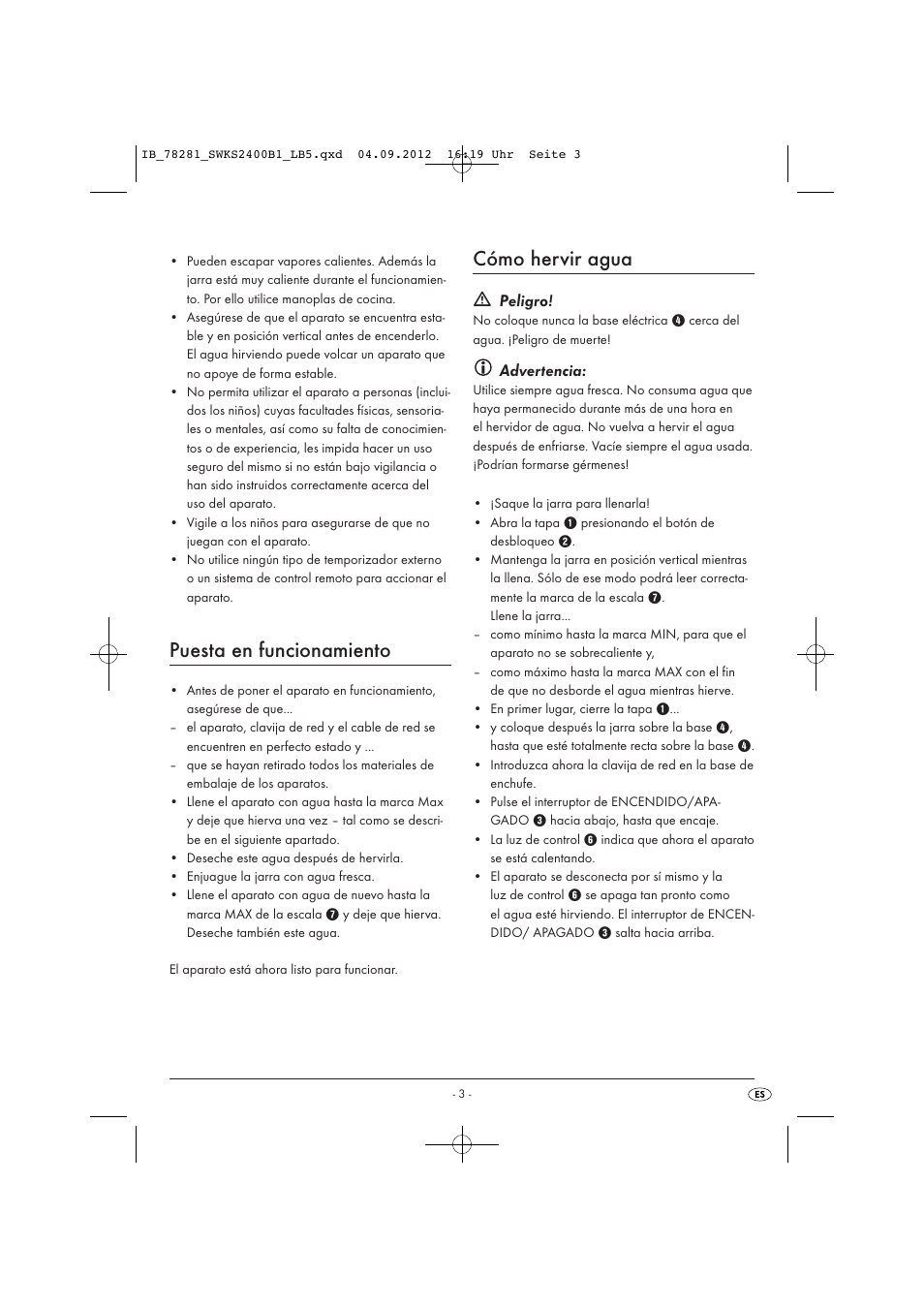 Puesta en funcionamiento, Cómo hervir agua, Peligro | Advertencia | Silvercrest SWKS 2400 B1 User Manual | Page 6 / 28