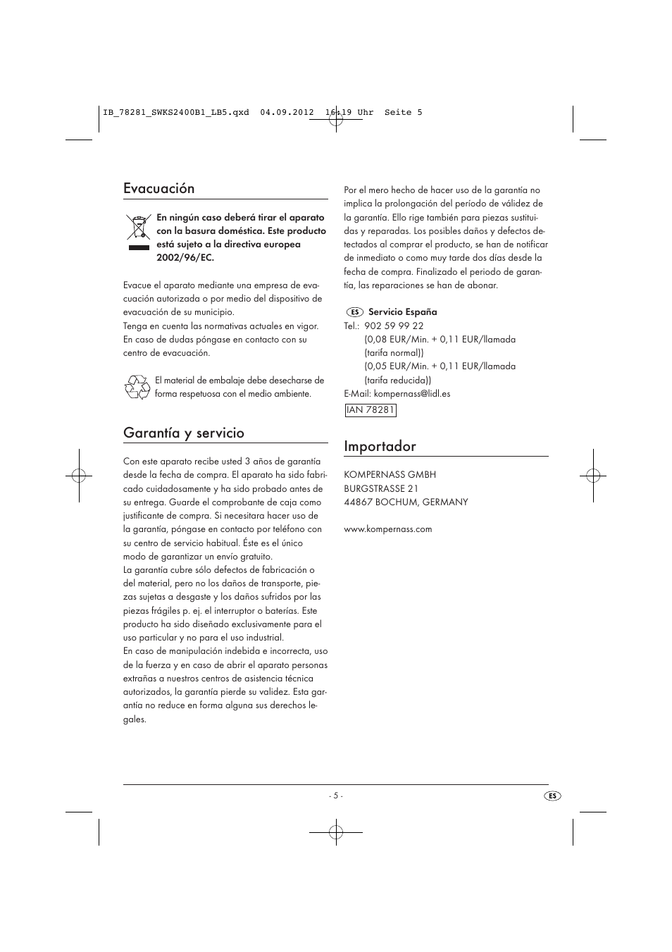 Evacuación, Garantía y servicio, Importador | Silvercrest SWKS 2400 B1 User Manual | Page 8 / 28