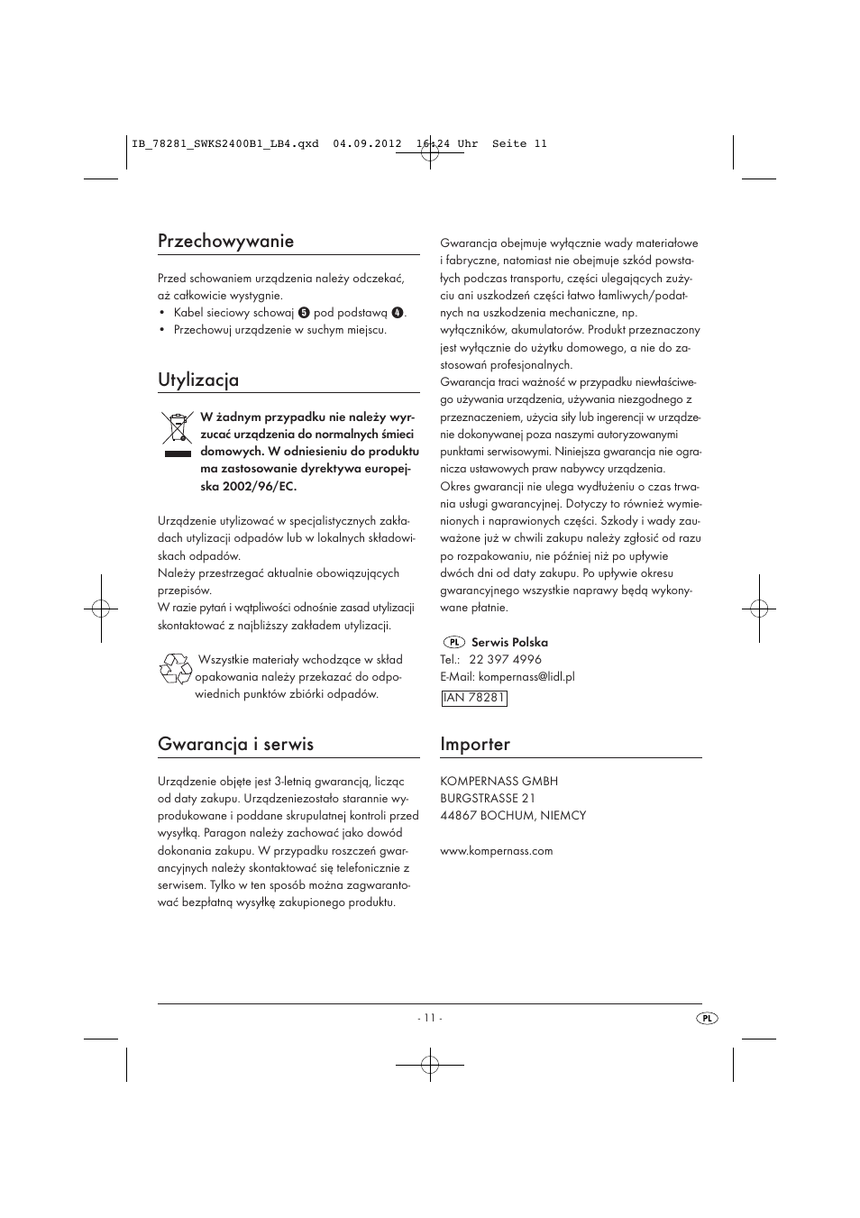 Przechowywanie, Utylizacja, Gwarancja i serwis | Importer | Silvercrest SWKS 2400 B1 User Manual | Page 14 / 40