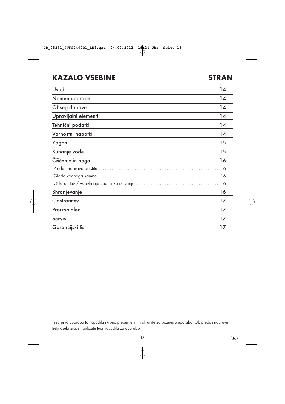 Kazalo vsebine stran | Silvercrest SWKS 2400 B1 User Manual | Page 16 / 40