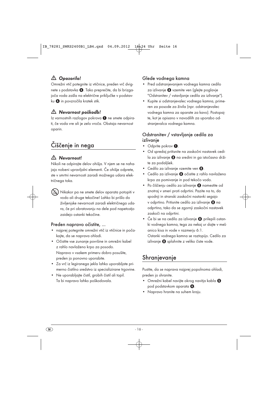 Čiščenje in nega, Shranjevanje | Silvercrest SWKS 2400 B1 User Manual | Page 19 / 40
